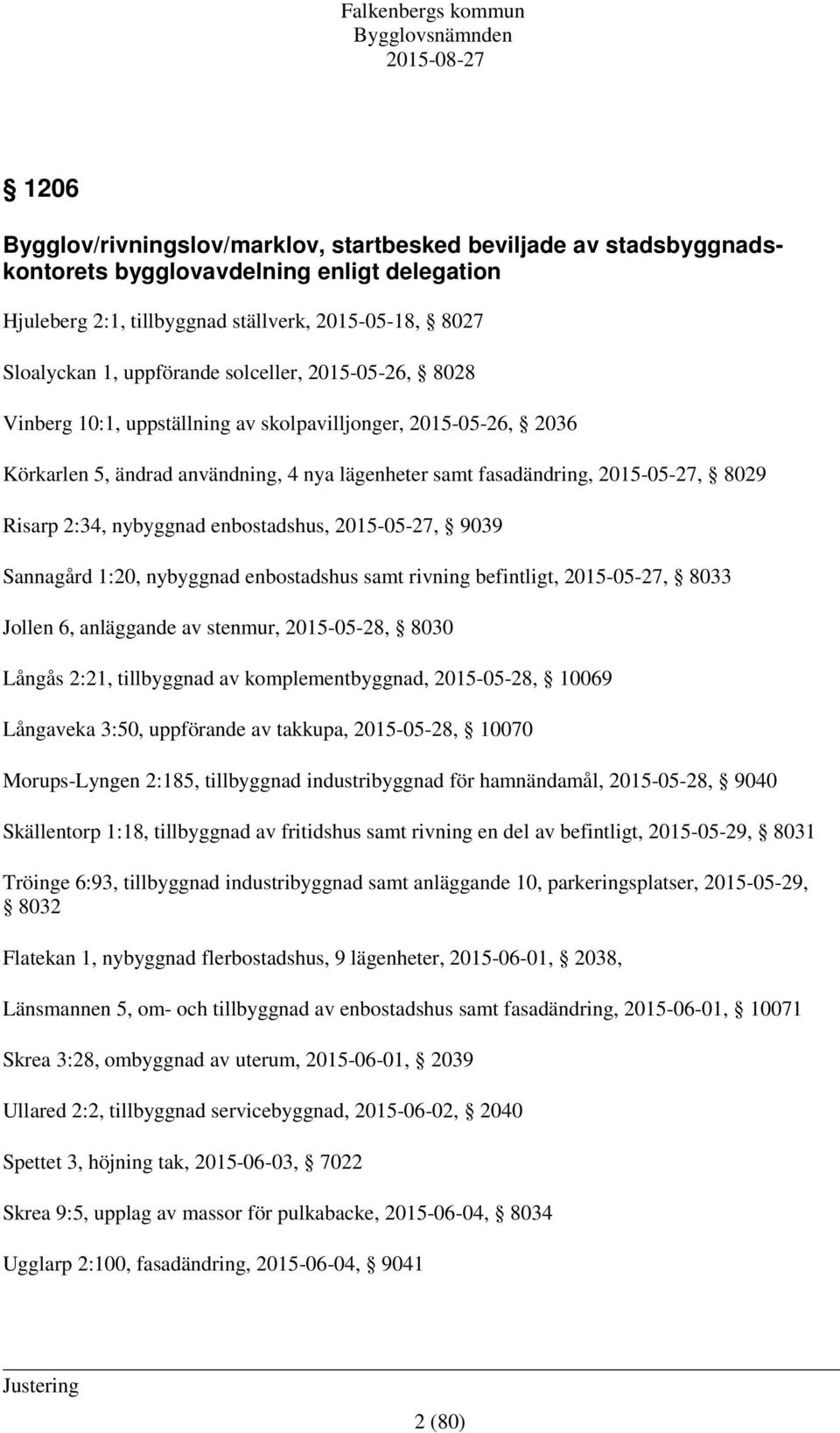 nybyggnad enbostadshus, 2015-05-27, 9039 Sannagård 1:20, nybyggnad enbostadshus samt rivning befintligt, 2015-05-27, 8033 Jollen 6, anläggande av stenmur, 2015-05-28, 8030 Långås 2:21, tillbyggnad av