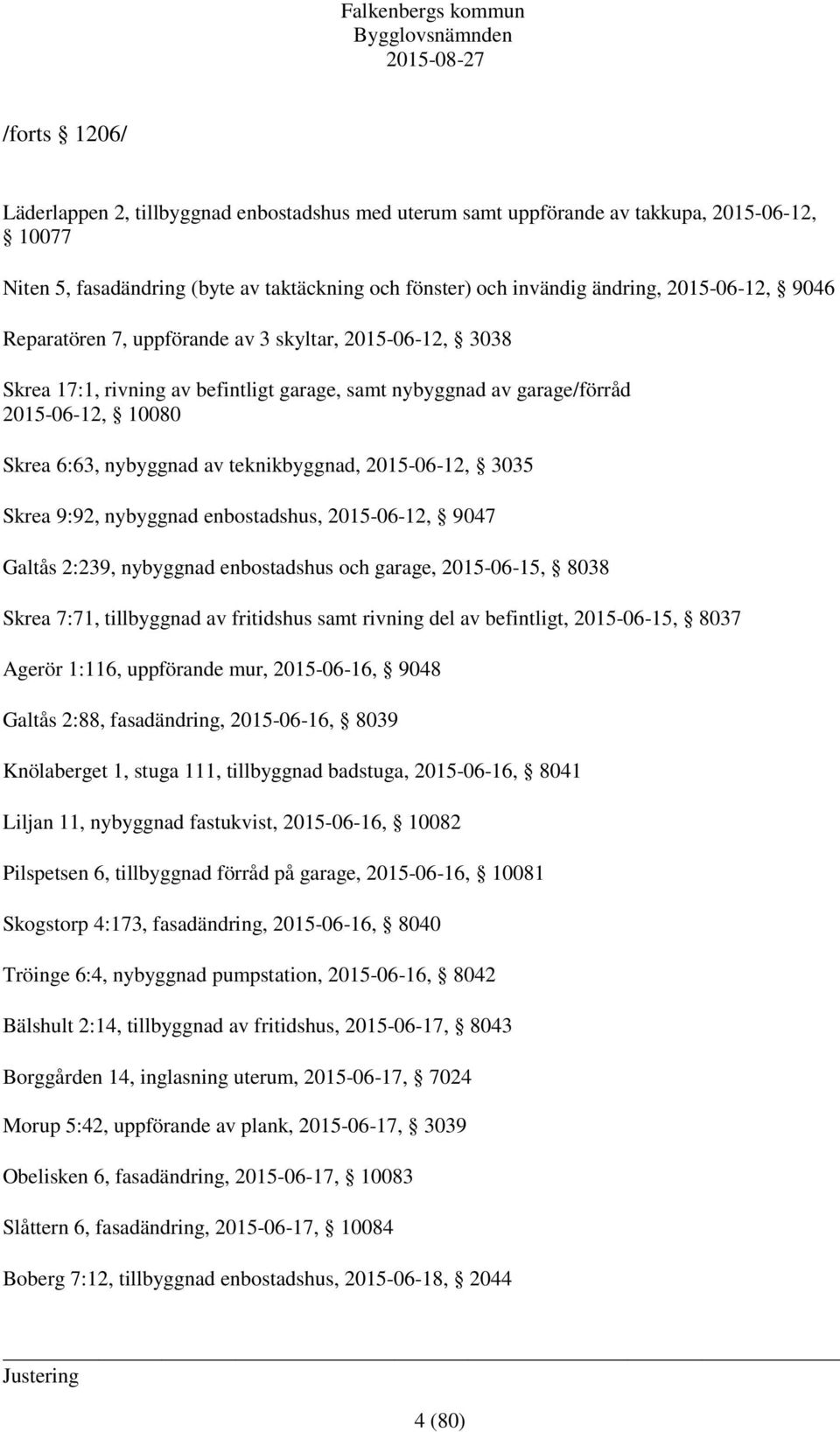 2015-06-12, 3035 Skrea 9:92, nybyggnad enbostadshus, 2015-06-12, 9047 Galtås 2:239, nybyggnad enbostadshus och garage, 2015-06-15, 8038 Skrea 7:71, tillbyggnad av fritidshus samt rivning del av