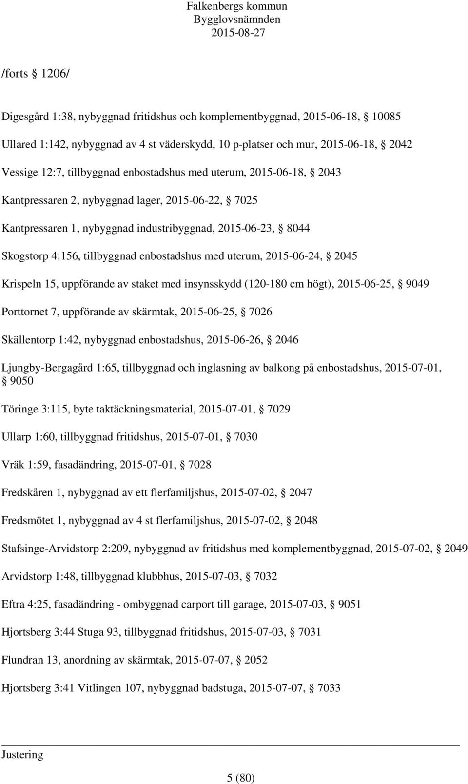 enbostadshus med uterum, 2015-06-24, 2045 Krispeln 15, uppförande av staket med insynsskydd (120-180 cm högt), 2015-06-25, 9049 Porttornet 7, uppförande av skärmtak, 2015-06-25, 7026 Skällentorp