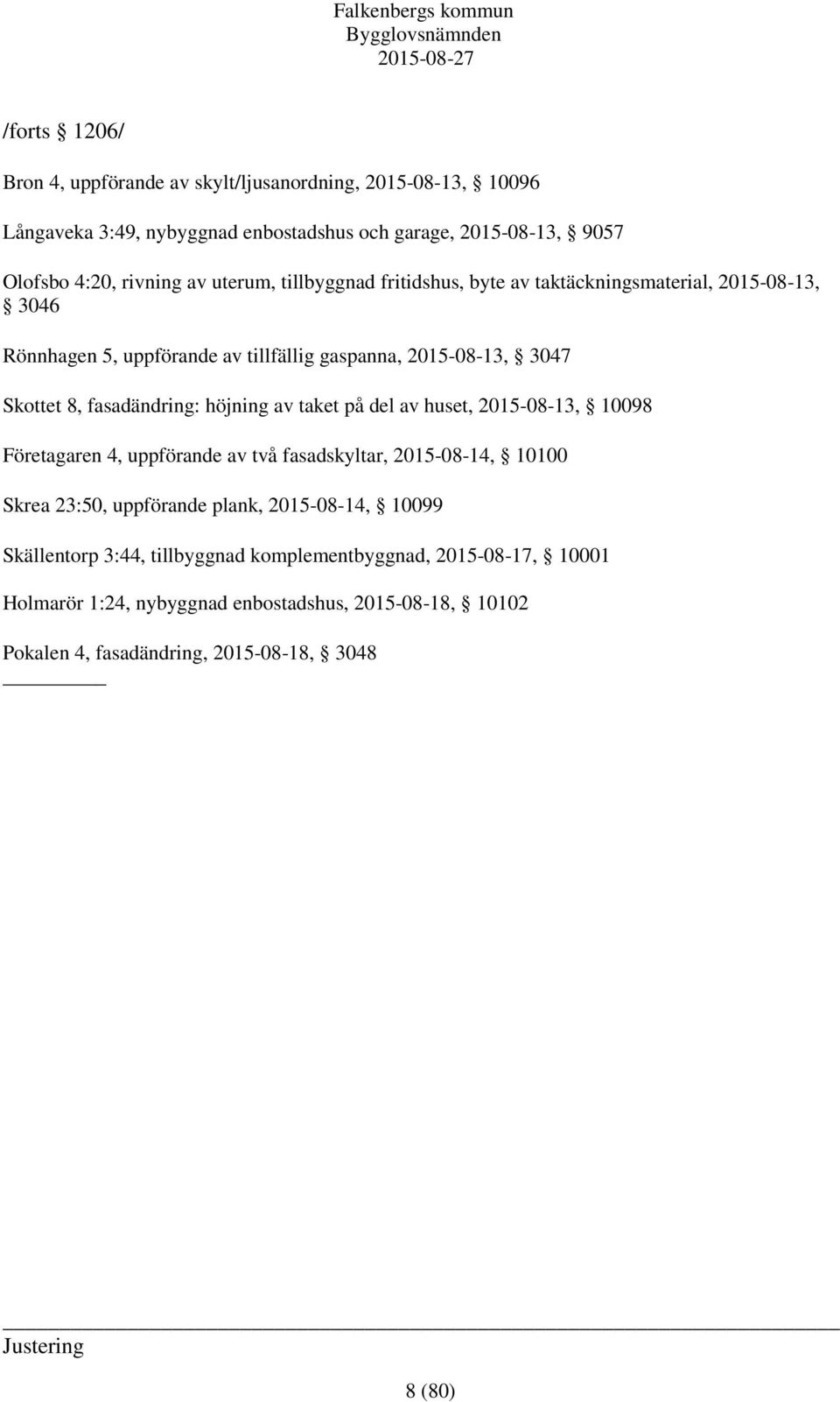 höjning av taket på del av huset, 2015-08-13, 10098 Företagaren 4, uppförande av två fasadskyltar, 2015-08-14, 10100 Skrea 23:50, uppförande plank, 2015-08-14, 10099