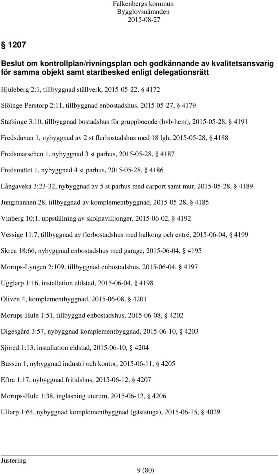 18 lgh, 2015-05-28, 4188 Fredsmarschen 1, nybyggnad 3 st parhus, 2015-05-28, 4187 Fredsmötet 1, nybyggnad 4 st parhus, 2015-05-28, 4186 Långaveka 3:23-32, nybyggnad av 5 st parhus med carport samt