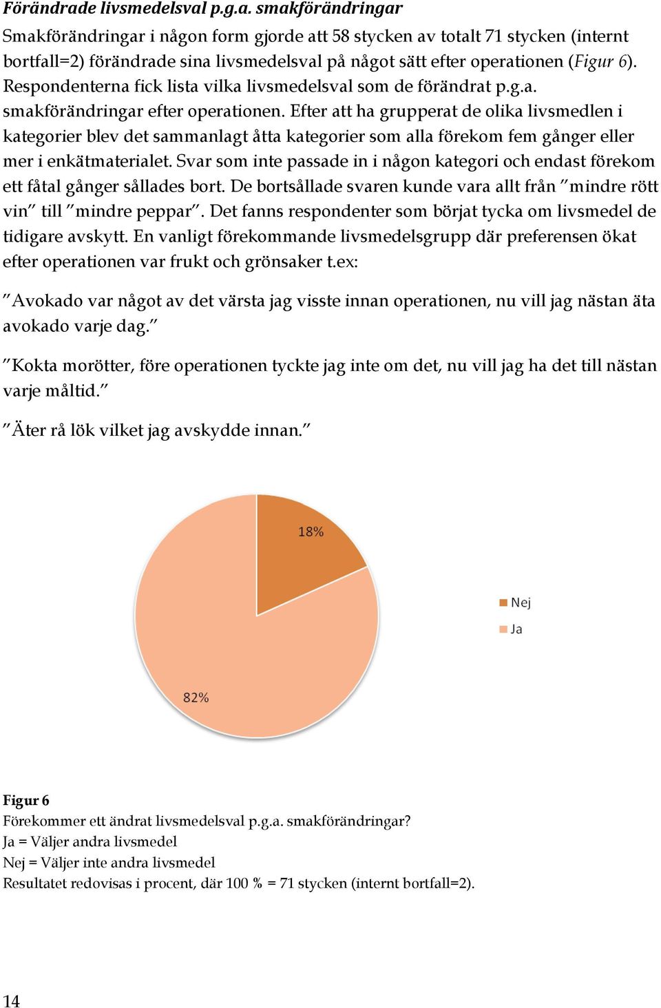 Efter att ha grupperat de olika livsmedlen i kategorier blev det sammanlagt åtta kategorier som alla förekom fem gånger eller mer i enkätmaterialet.