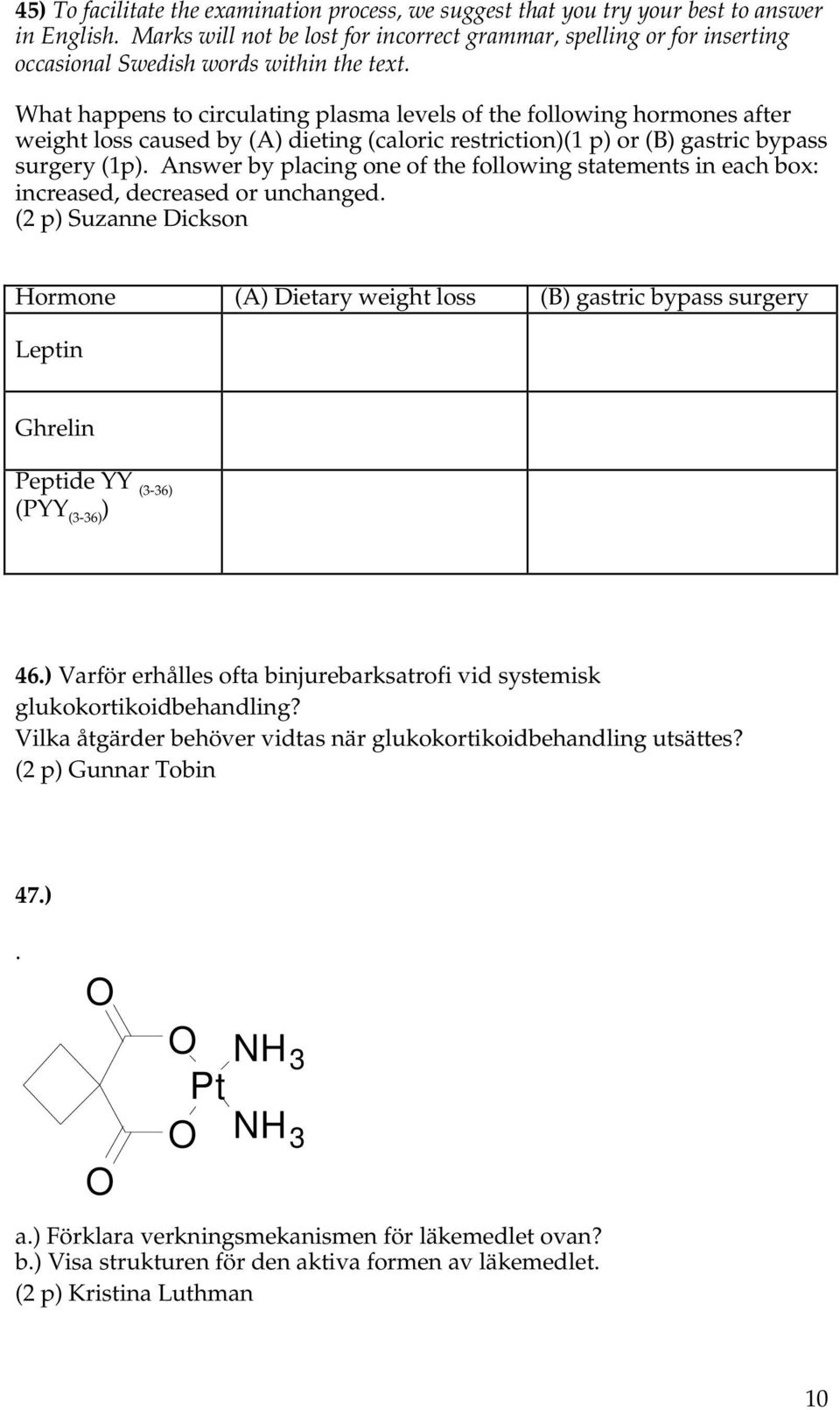 What happens to circulating plasma levels of the following hormones after weight loss caused by (A) dieting (caloric restriction)(1 p) or (B) gastric bypass surgery (1p).