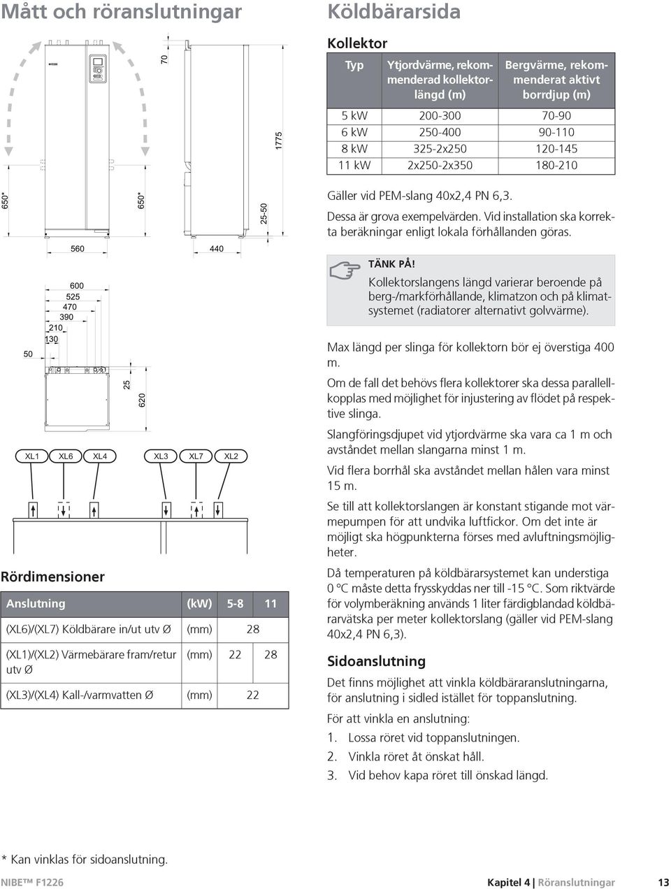 (XL3)/(XL4) Kall-/varmvatten Ø (kw) (mm) (mm) (mm) 5-8 22 28 22 25-50 11 28 Gäller vid PEM-slang 40x2,4 PN 6,3. Dessa är grova exempelvärden.