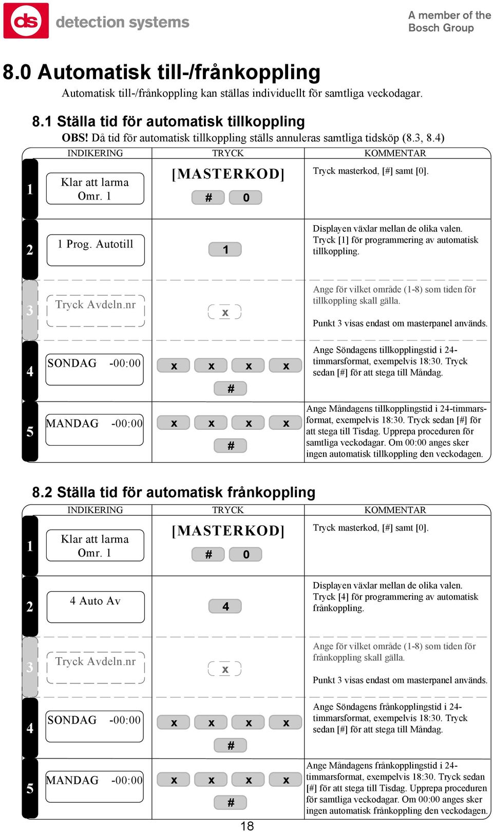 Tryck [] för programmering av automatisk tillkoppling. Tryck Avdeln.nr Ange för vilket område (-8) som tiden för tillkoppling skall gälla. Punkt visas endast om masterpanel används.