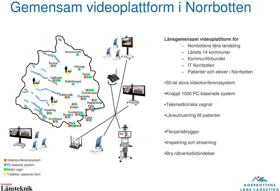 videokonferenssystem Knappt 1500 PC-baserade system Telemedicinska vagnar Låneutrustning till patienter