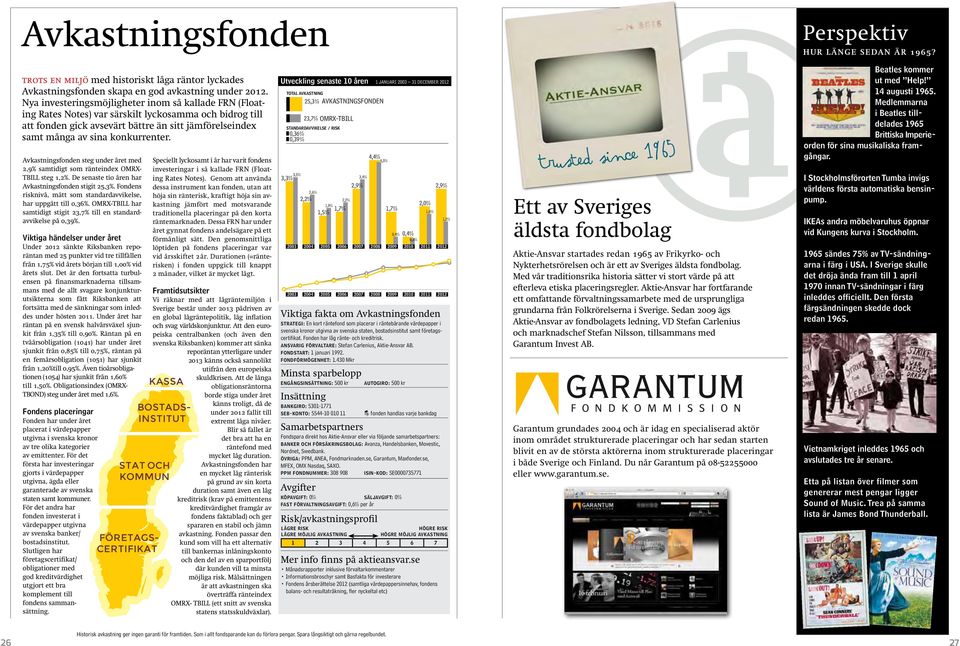 Avkastningsfonden steg under året med 2, samtidigt som ränteindex OMRX- TBILL steg 1,2%. De senaste tio åren har Avkastningsfonden stigit 25,.