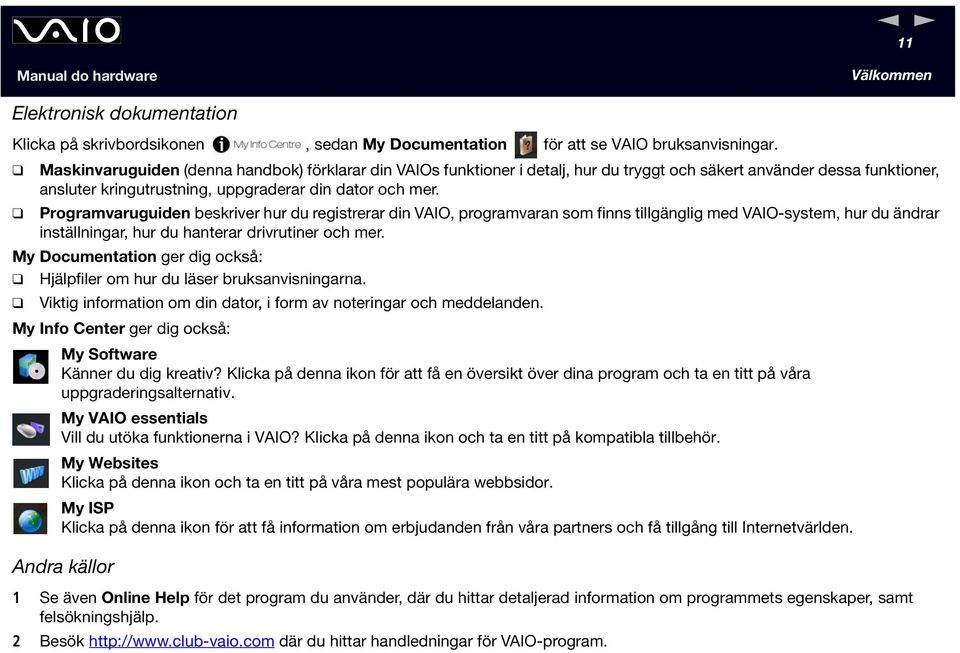 Programvaruguiden beskriver hur du registrerar din VAIO, programvaran som finns tillgänglig med VAIO-system, hur du ändrar inställningar, hur du hanterar drivrutiner och mer.