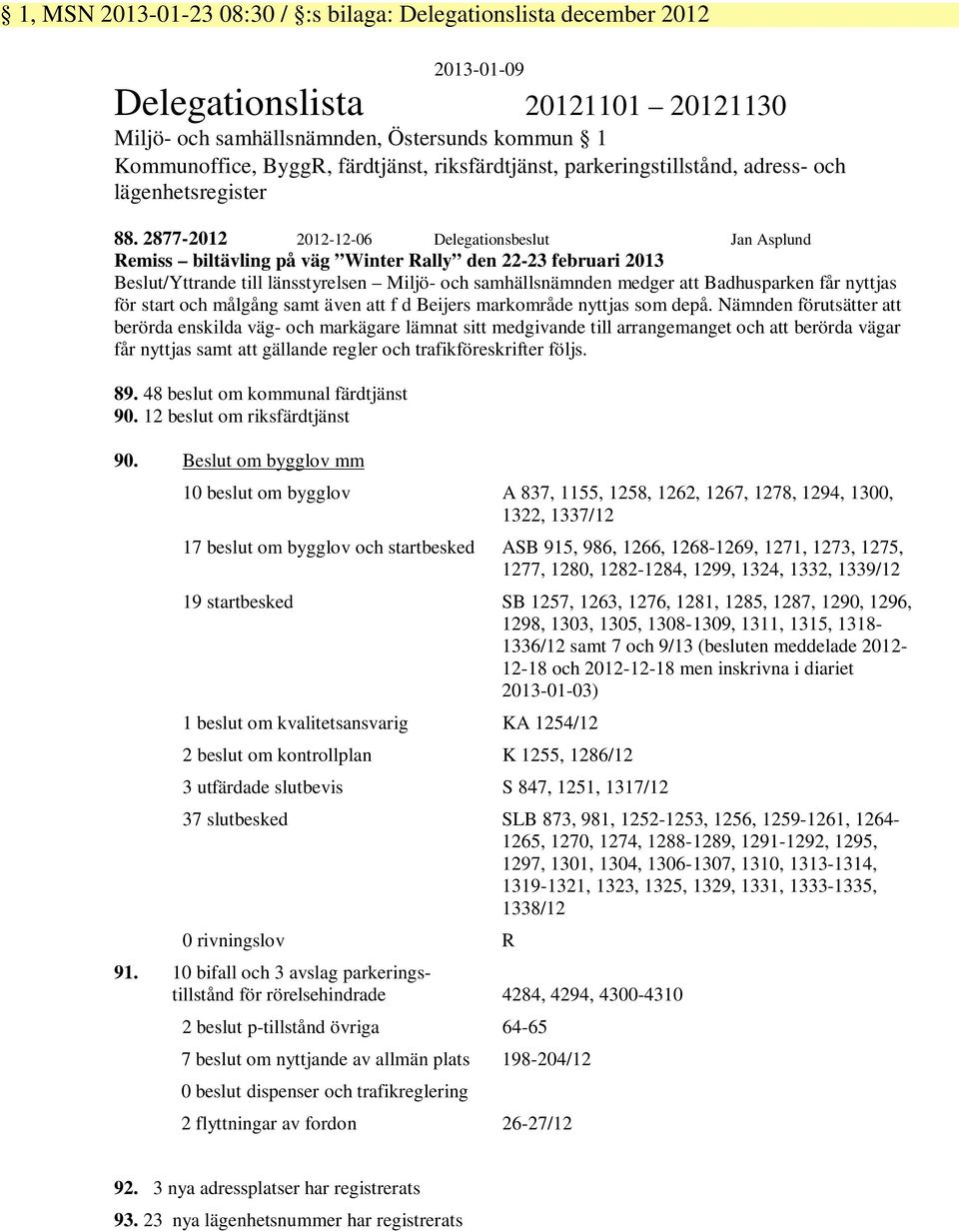 2877-2012 2012-12-06 Delegationsbeslut Jan Asplund Remiss biltävling på väg Winter Rally den 22-23 februari 2013 Beslut/Yttrande till länsstyrelsen Miljö- och samhällsnämnden medger att Badhusparken