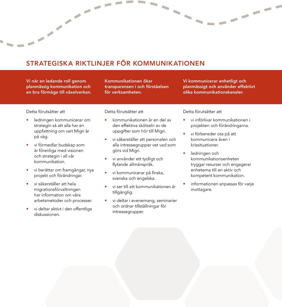 ledningen kommunicerar om strategin så att alla har en uppfattning om vart Migri är på väg. vi förmedlar budskap som är förenliga med visionen och strategin i all vår kommunikation.