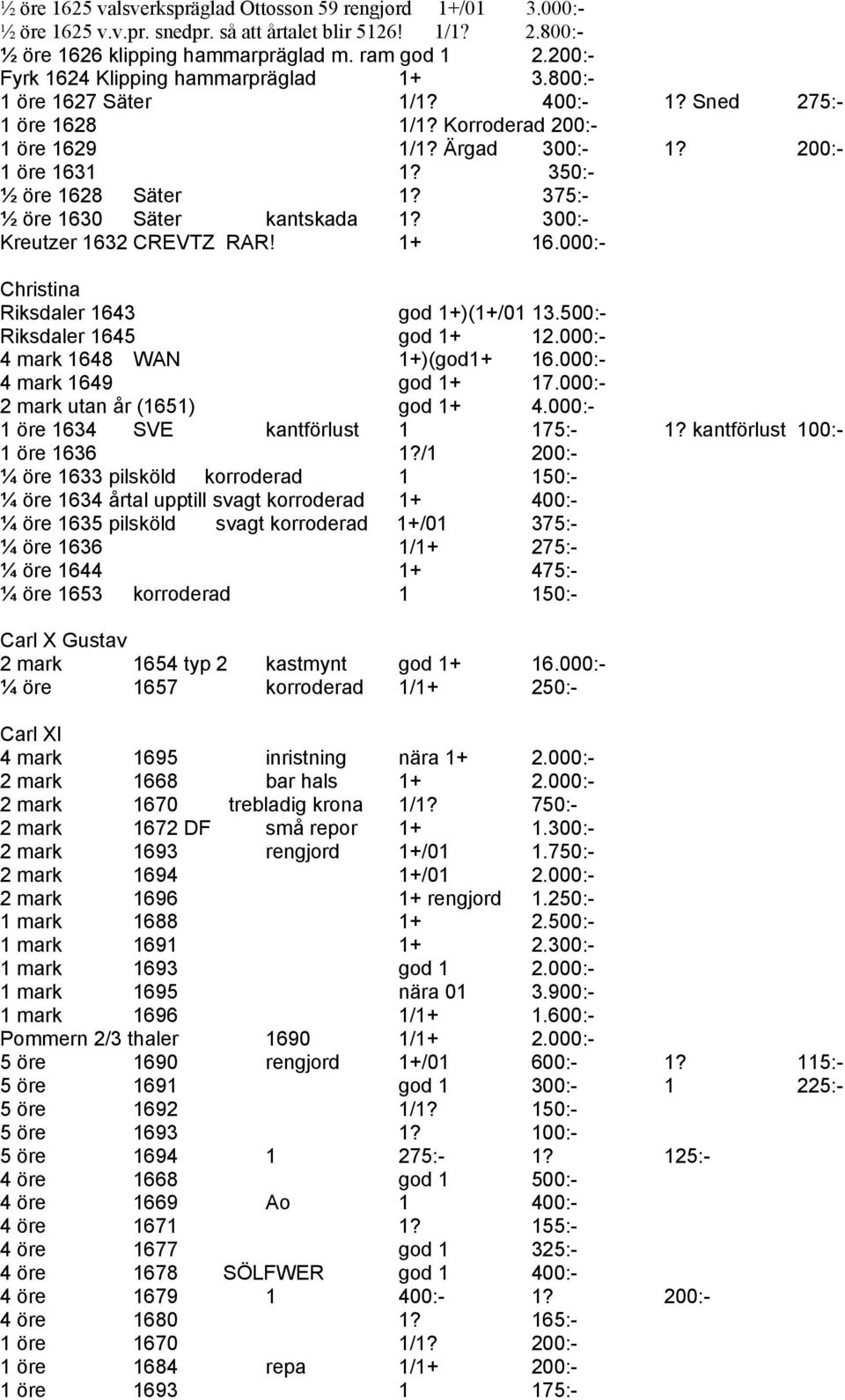 350:- ½ öre 1628 Säter 1? 375:- ½ öre 1630 Säter kantskada 1? 300:- Kreutzer 1632 CREVTZ RAR! 1+ 16.000:- Christina Riksdaler 1643 god 1+)(1+/01 13.500:- Riksdaler 1645 god 1+ 12.