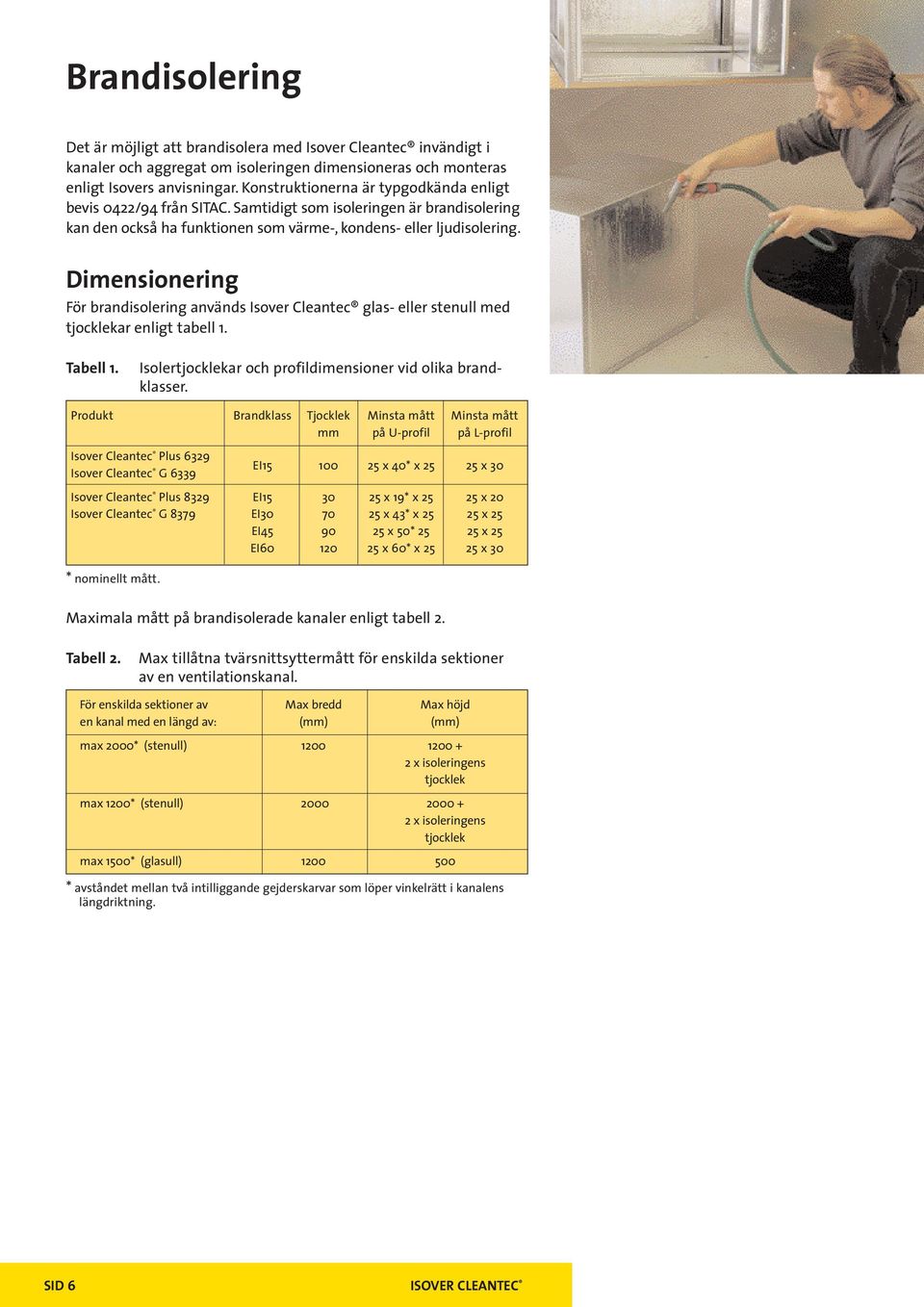 Dimensionering För brandisolering används Isover Cleantec glas- eller stenull med tjocklekar enligt tabell 1. Tabell 1. Isolertjocklekar och profildimensioner vid olika brandklasser.