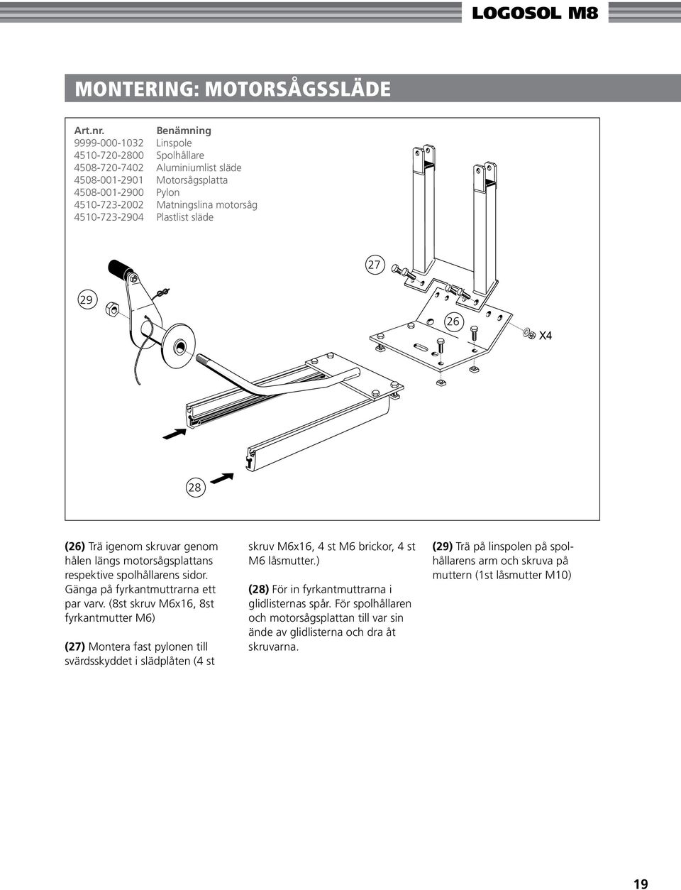 Plastlist släde 27 29 26 28 (26) Trä igenom skruvar genom hålen längs motorsågsplattans respektive spolhållarens sidor. Gänga på fyrkantmuttrarna ett par varv.