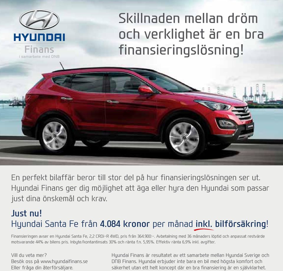 Finansieringen avser en Hyundai Santa Fe, 2,2 CRDi-R 4WD, pris från 364.900:-. Avbetalning med 36 månaders löptid och anpassat restvärde motsvarande 44% av bilens pris.