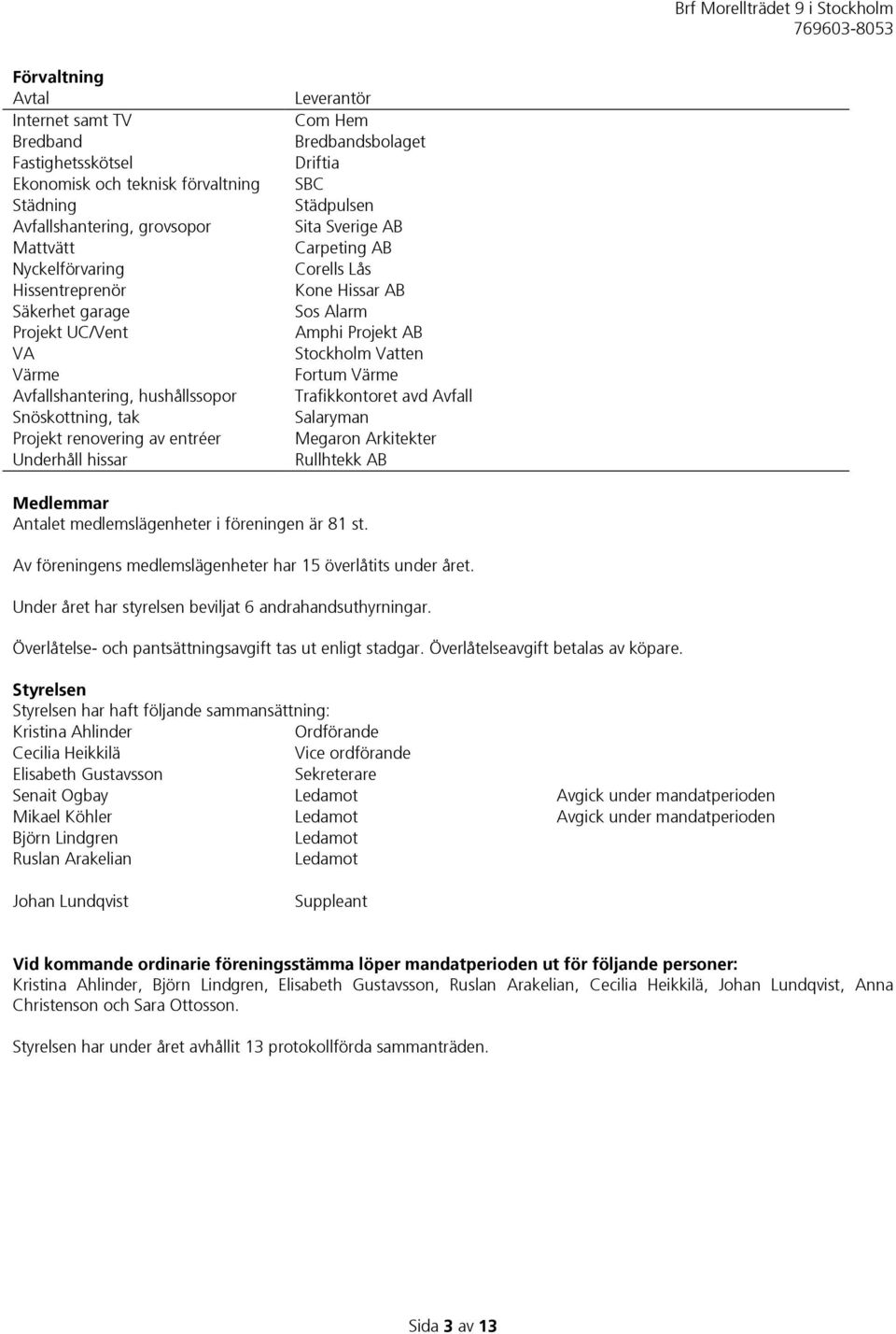 AB Corells Lås Kone Hissar AB Sos Alarm Amphi Projekt AB Stockholm Vatten Fortum Värme Trafikkontoret avd Avfall Salaryman Megaron Arkitekter Rullhtekk AB Medlemmar Antalet medlemslägenheter i
