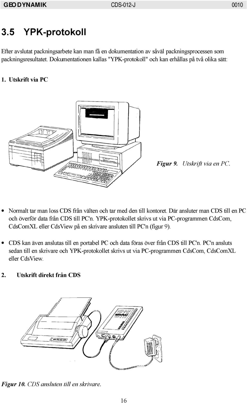 Där ansluter man CDS till en PC och överför data från CDS till PC'n. YPK-protokollet skrivs ut via PC-programmen CdsCom, CdsComXL eller CdsView på en skrivare ansluten till PC'n (figur 9).