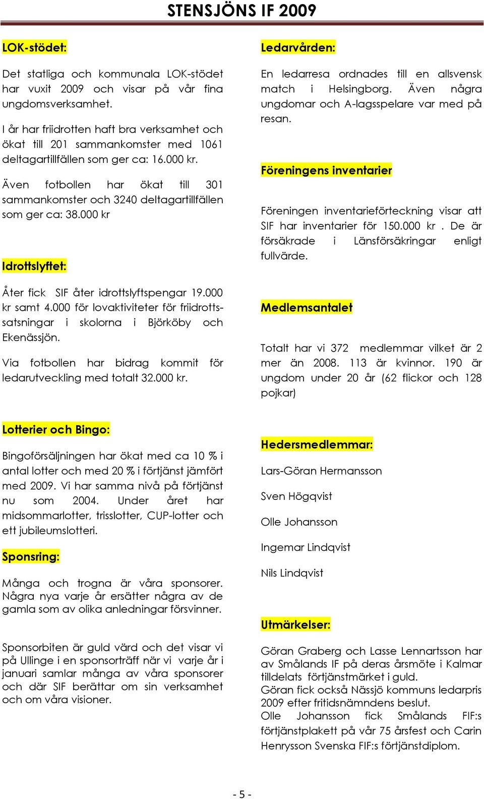 Även fotbollen har ökat till 301 sammankomster och 3240 deltagartillfällen som ger ca: 38.000 kr Idrottslyftet: Åter fick SIF åter idrottslyftspengar 19.000 kr samt 4.