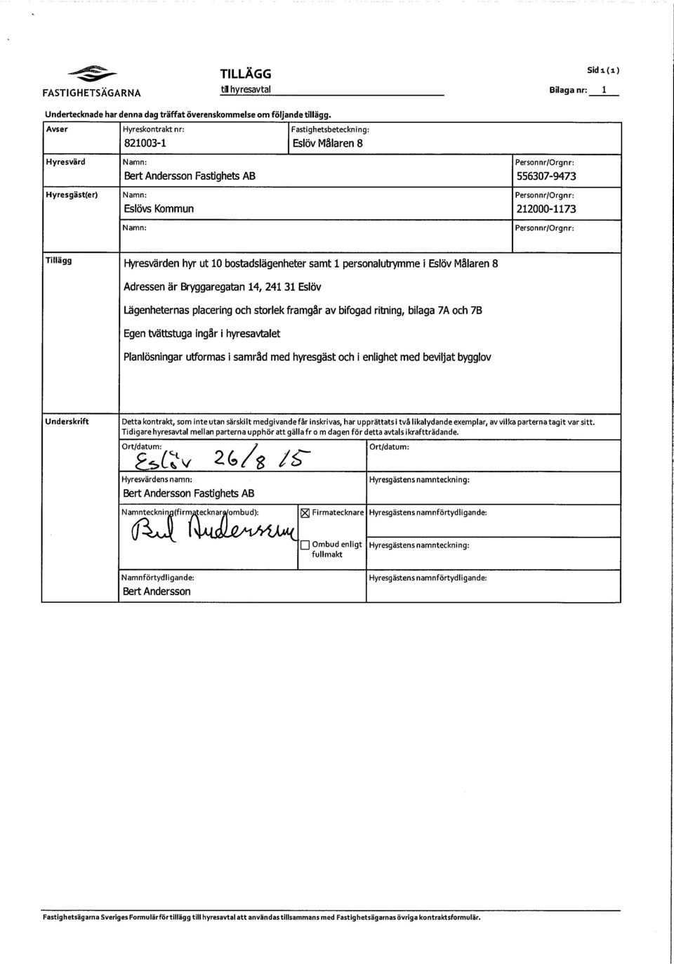 Personnr/Orgnr: Tillägg Hyresvärden hyr ut 10 bostadslägenheter samt 1 personalutrymme i Eslöv Målaren 8 Adressen är Bryggaregatan 14, 24131 Eslöv Lägenheternas placering och storlek framgår av
