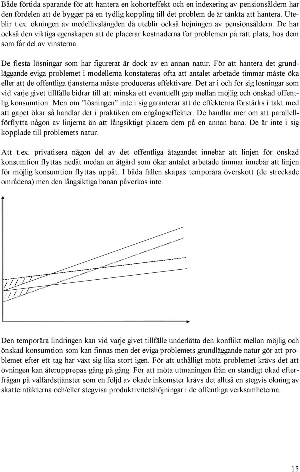 För att hantera det grundläggande eviga problemet i modellerna konstateras ofta att antalet arbetade timmar måste öka eller att de offentliga tjänsterna måste produceras effektivare.