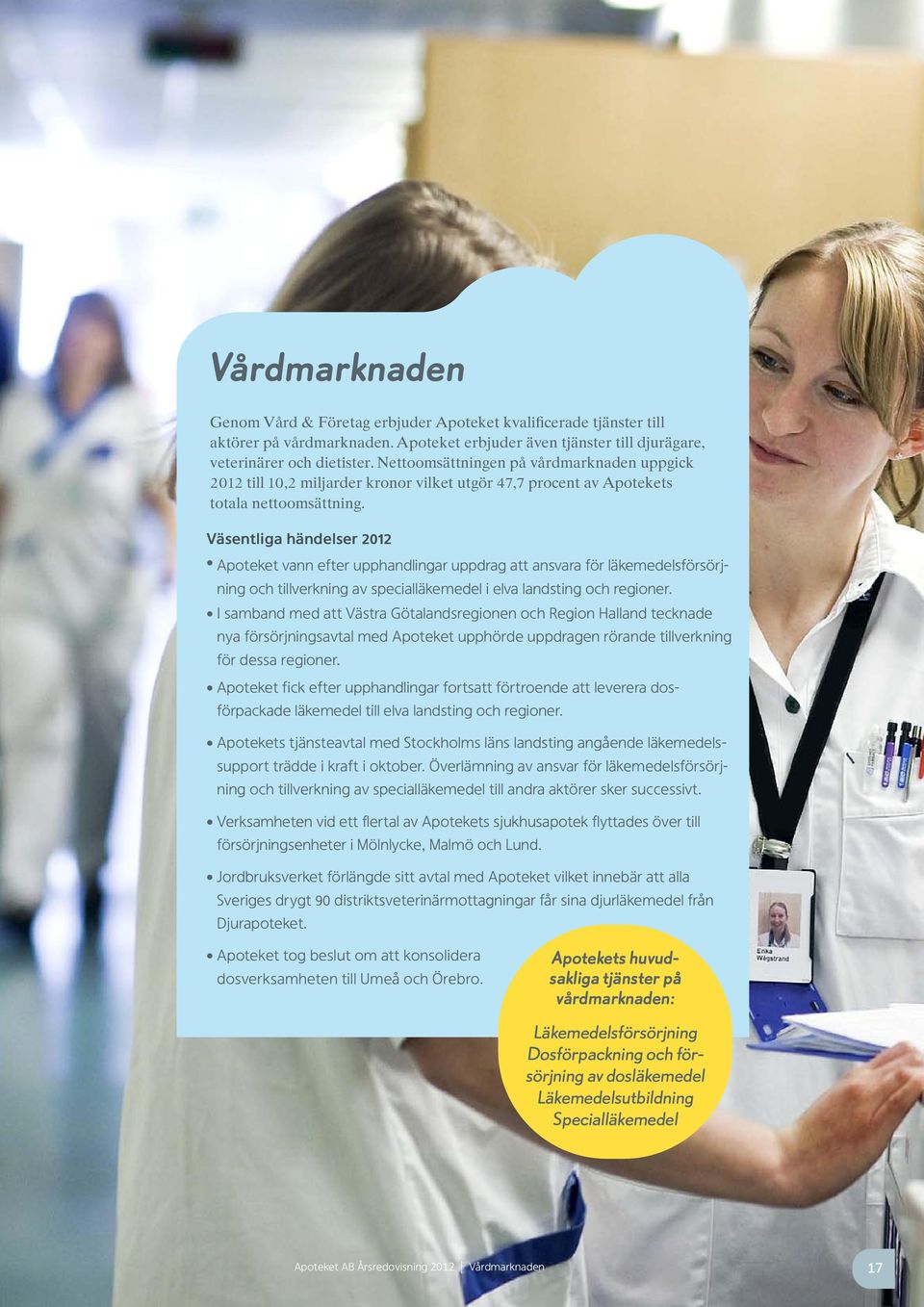 Väsentliga händelser 2012 Apoteket vann efter upphandlingar uppdrag att ansvara för läkemedelsförsörjning och tillverkning av specialläkemedel i elva landsting och regioner.