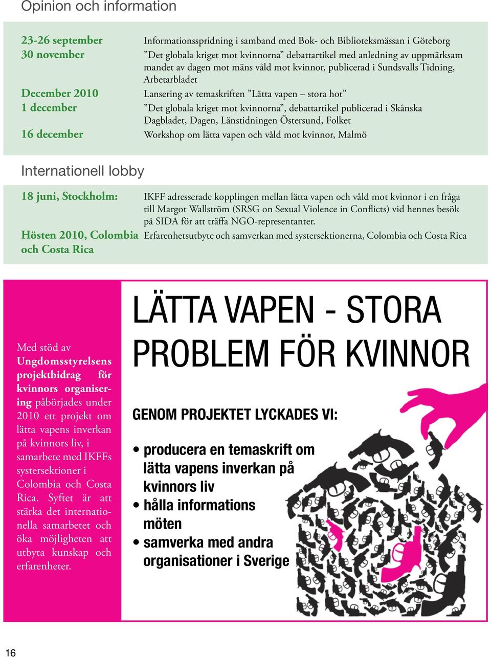 debattartikel publicerad i Skånska Dagbladet, Dagen, Länstidningen Östersund, Folket 16 december Workshop om lätta vapen och våld mot kvinnor, Malmö Internationell lobby 18 juni, Stockholm: IKFF