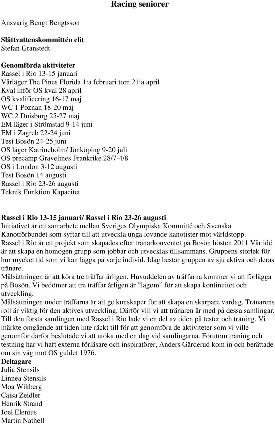 Jönköping 9-20 juli OS precamp Gravelines Frankrike 28/7-4/8 OS i London 3-12 augusti Test Bosön 14 augusti Rassel i Rio 23-26 augusti Teknik Funktion Kapacitet Rassel i Rio 13-15 januari/ Rassel i