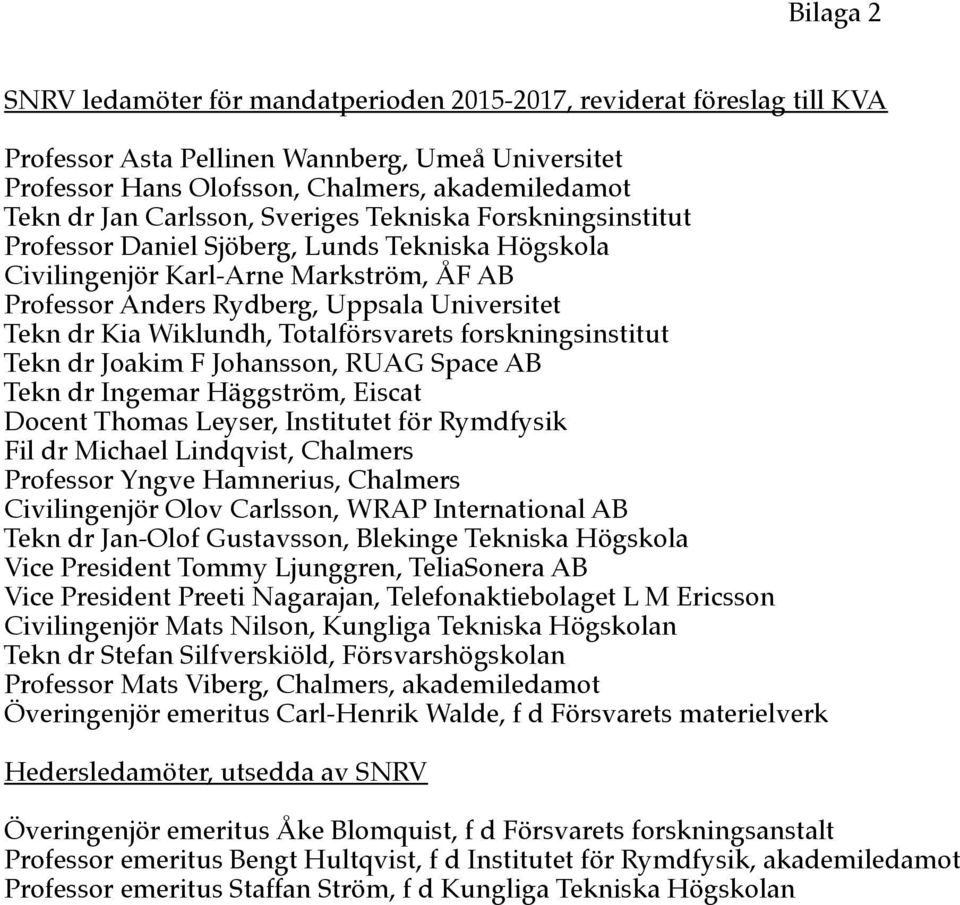 Wiklundh, Totalförsvarets forskningsinstitut Tekn dr Joakim F Johansson, RUAG Space AB Tekn dr Ingemar Häggström, Eiscat Docent Thomas Leyser, Institutet för Rymdfysik Fil dr Michael Lindqvist,