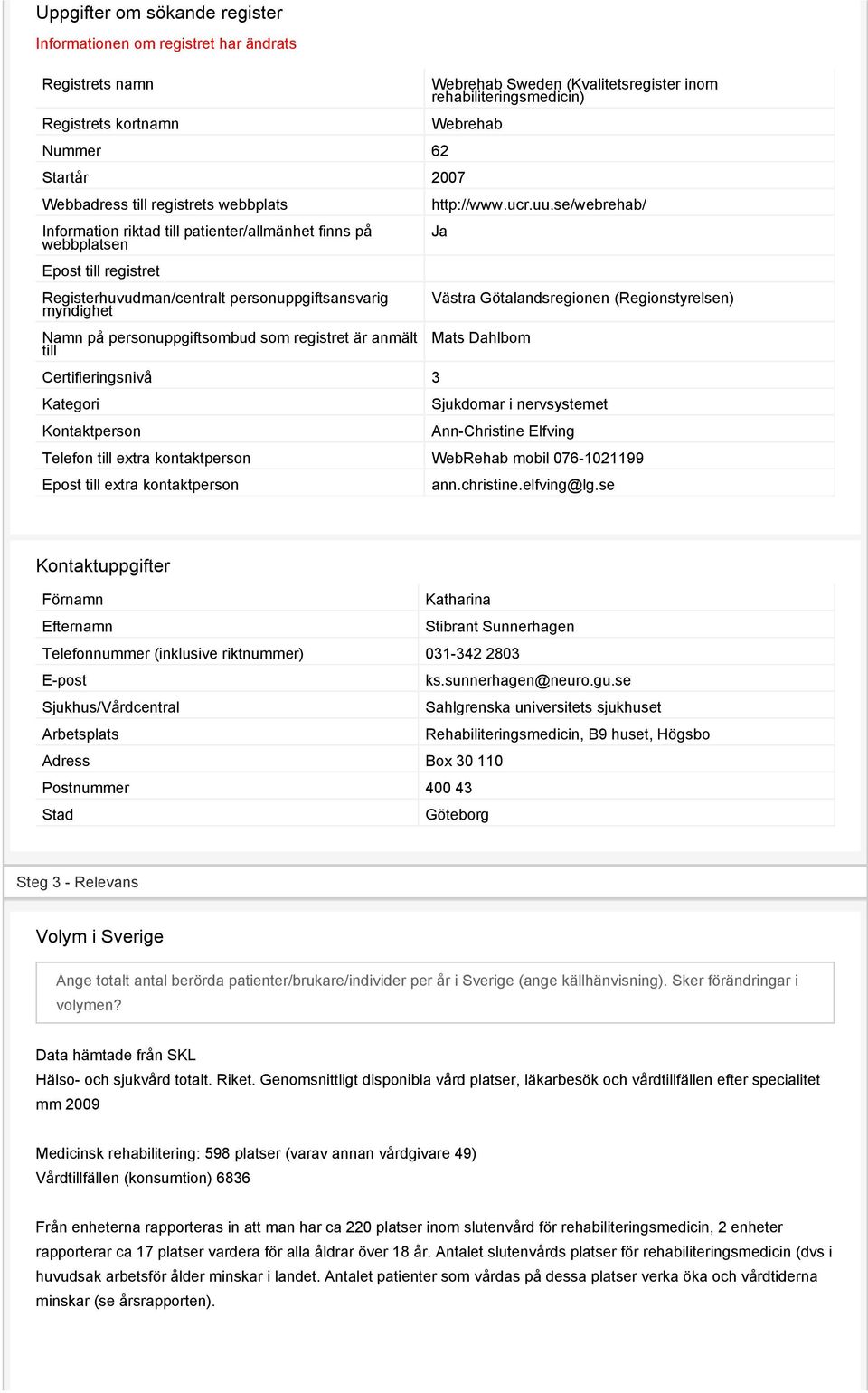 Kategori Kontaktperson Webrehab Sweden (Kvalitetsregister inom rehabiliteringsmedicin) Webrehab http://www.ucr.uu.