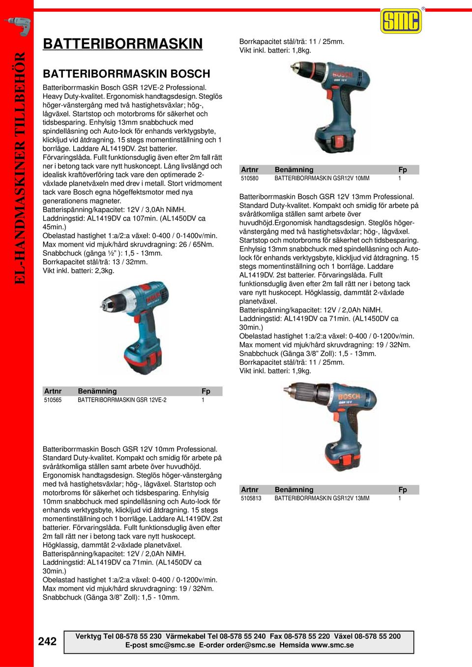 Enhylsig 13mm snabbchuck med spindellåsning och Auto-lock för enhands verktygsbyte, klickljud vid åtdragning. 15 stegs momentinställning och 1 borrläge. Laddare AL1419DV. 2st batterier.