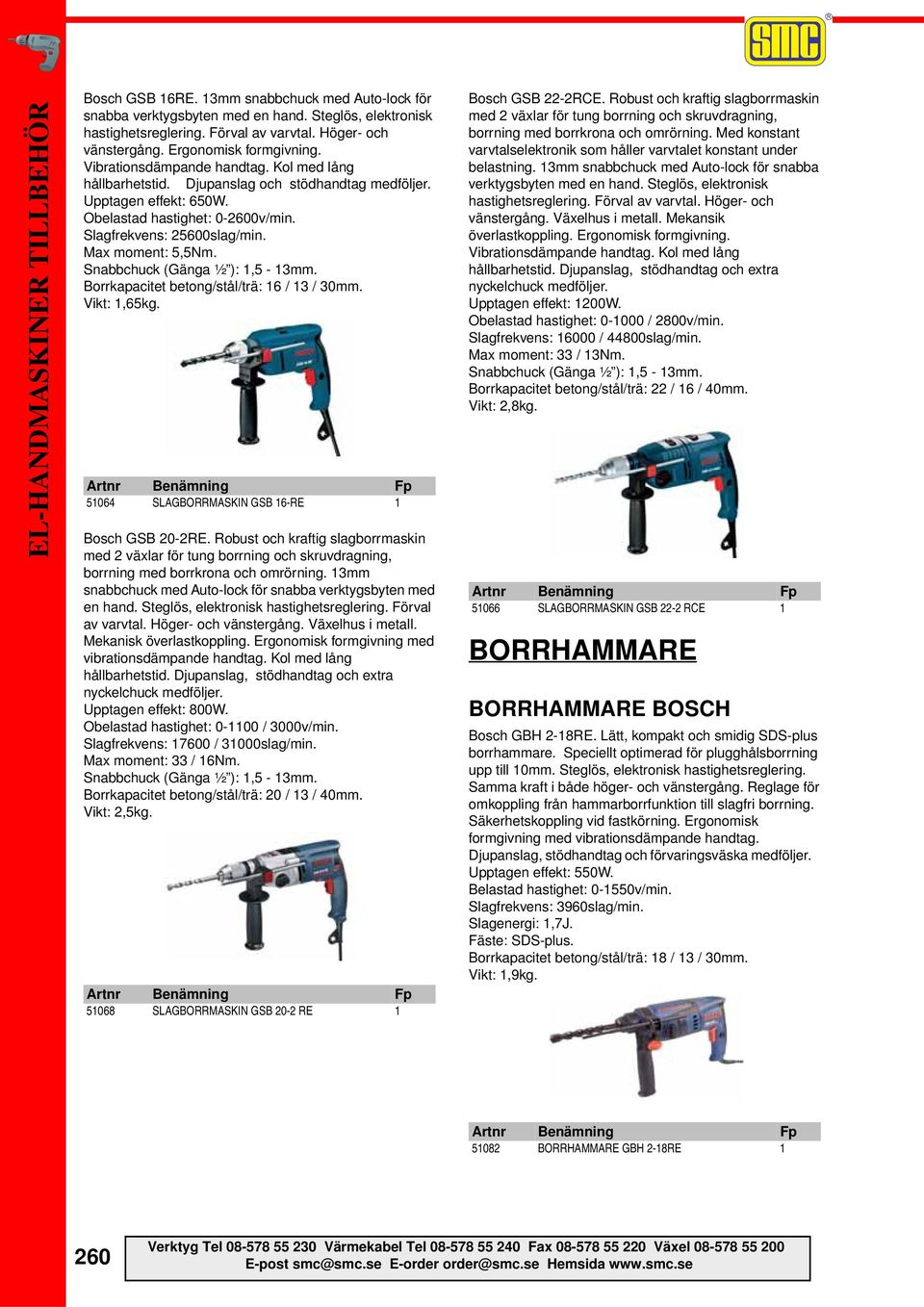 Snabbchuck (Gänga ½ ): 1,5-13mm. Borrkapacitet betong/stål/trä: 16 / 13 / 30mm. Vikt: 1,65kg. 51064 SLAGBORRMASKIN GSB 16-RE 1 Bosch GSB 20-2RE.