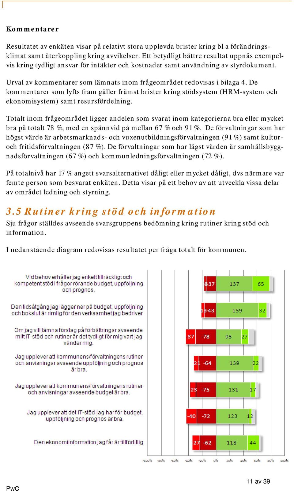 Urval av kommentarer som lämnats inom frågeområdet redovisas i bilaga 4. De kommentarer som lyfts fram gäller främst brister kring stödsystem (HRM-system och ekonomisystem) samt resursfördelning.