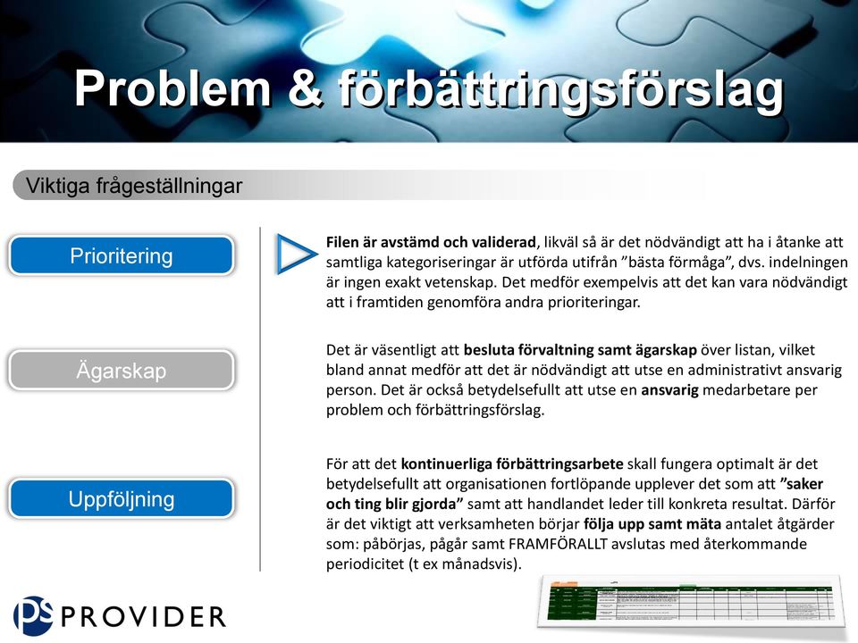 Det är väsentligt att besluta förvaltning samt ägarskap över listan, vilket bland annat medför att det är nödvändigt att utse en administrativt ansvarig person.