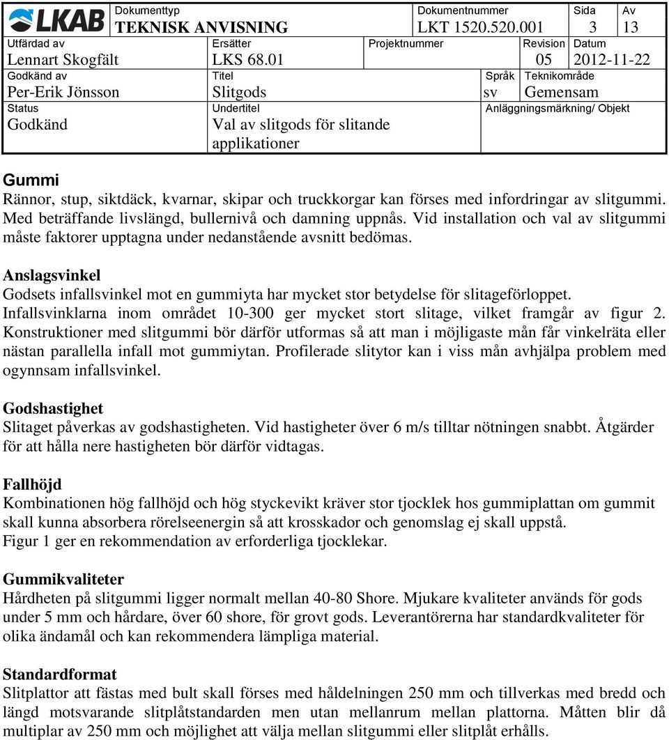 Anslagsvinkel sets infallsvinkel mot en gummiyta har mycket stor betydelse för slitageförloppet. Infallsvinklarna inom området 10-300 ger mycket stort slitage, vilket framgår av figur 2.