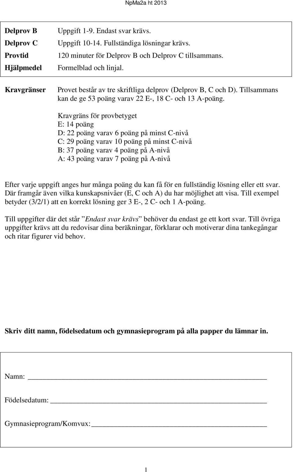 Kravgräns för provbetyget E: 14 poäng D: 22 poäng varav 6 poäng på minst C-nivå C: 29 poäng varav 10 poäng på minst C-nivå B: 37 poäng varav 4 poäng på A-nivå A: 43 poäng varav 7 poäng på A-nivå