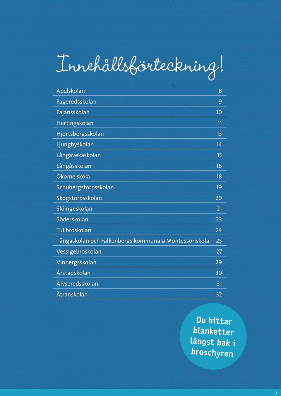 Långavekaskolan 15 Långåsskolan 16 Okome skola 18 Schubergstorpsskolan 19 Skogstorpsskolan 20 Slöingeskolan 21