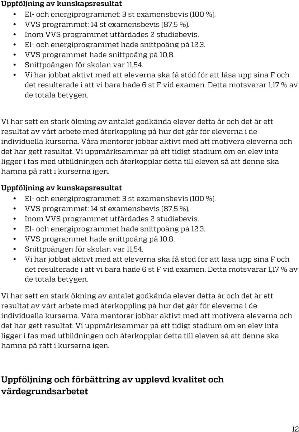 Vi har jobbat aktivt med att eleverna ska få stöd för att läsa upp sina F och det resulterade i att vi bara hade 6 st F vid examen. Detta motsvarar 1,17 % av de totala betygen.