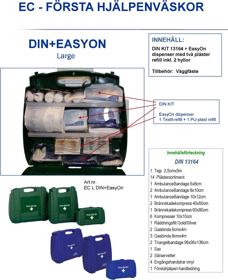 EC L DIN+EasyOn Innehållsförteckning DIN 13164 1 Tejp 2,5cmx5m 14 Plåstersortiment 1 AmbulanceBandage 6x8cm 2 AmbulanceBandage 8x10cm 1 AmbulanceBandage