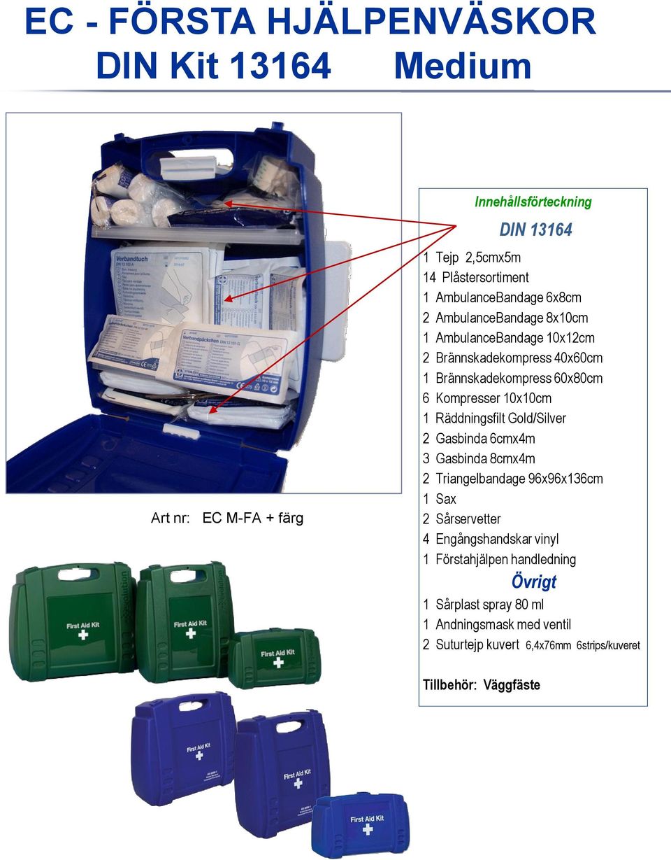 Kompresser 10x10cm 1 Räddningsfilt Gold/Silver 2 Gasbinda 6cmx4m 3 Gasbinda 8cmx4m 2 Triangelbandage 96x96x136cm 1 Sax 2 Sårservetter 4