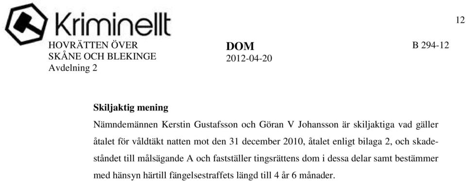 den 31 december 2010, åtalet enligt bilaga 2, och skadeståndet till målsägande A och fastställer