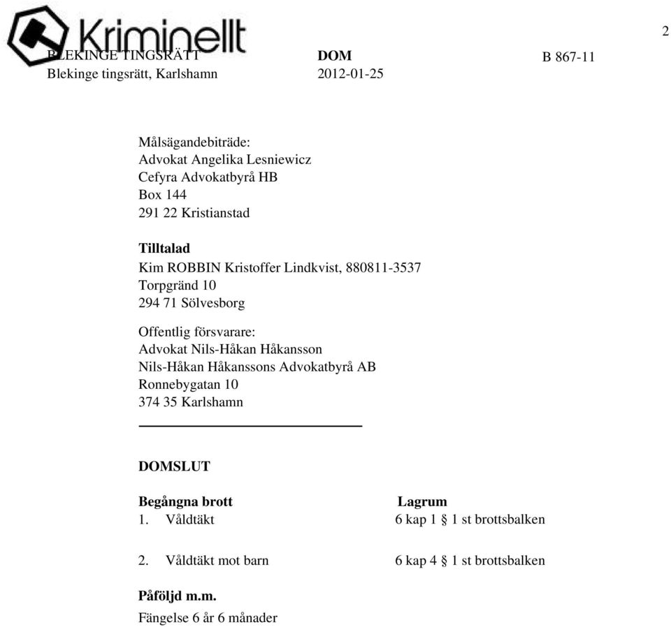 Håkansson Nils-Håkan Håkanssons Advokatbyrå AB Ronnebygatan 10 374 35 Karlshamn SLUT Begångna brott 1.