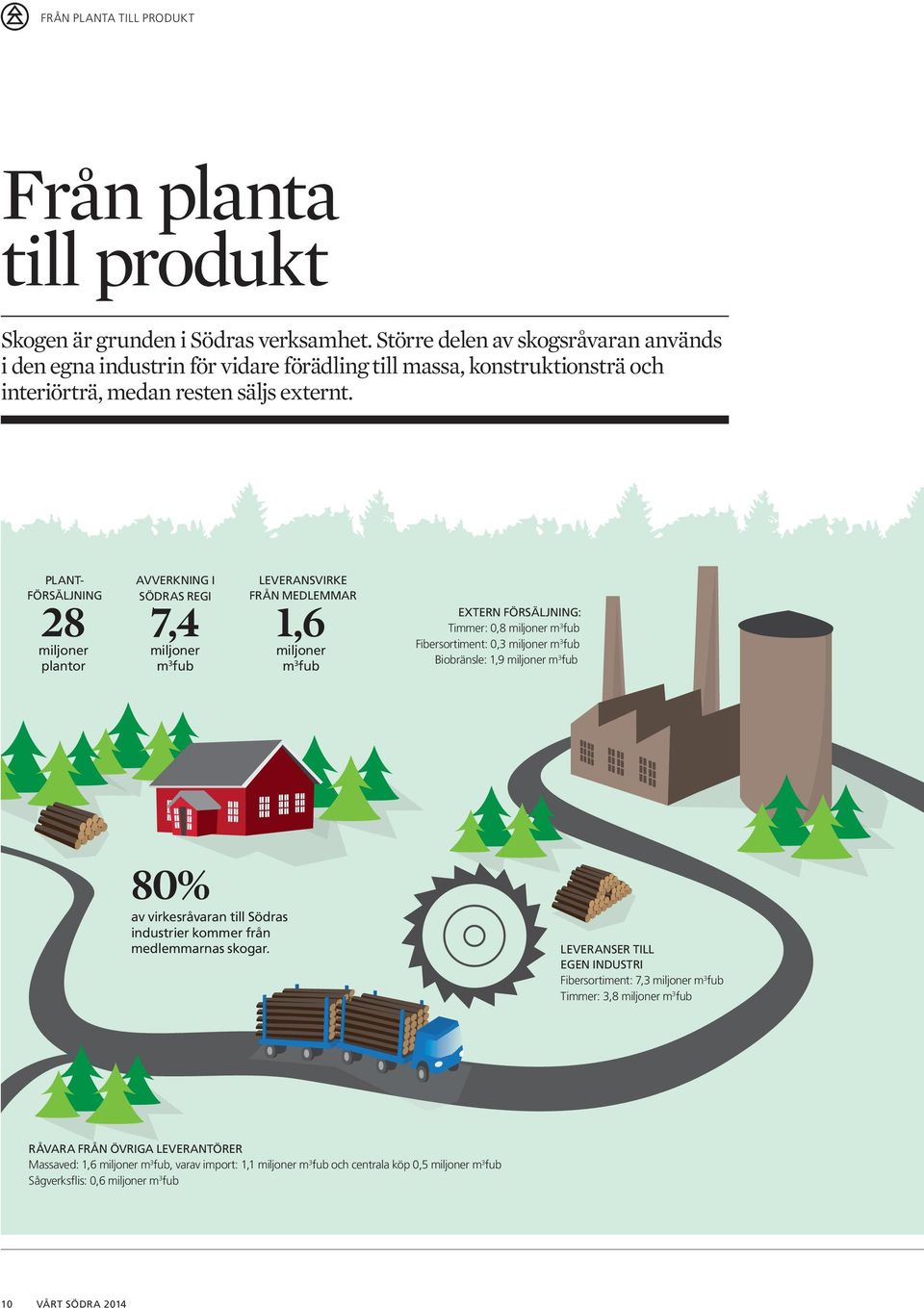 PLANT- FÖRSÄLJNING 28 miljoner plantor AVVERKNING I SÖDRAS REGI 7,4 miljoner m 3 fub LEVERANSVIRKE FRÅN MEDLEMMAR 1,6 miljoner m 3 fub EXTERN FÖRSÄLJNING: Timmer: 0,8 miljoner m 3 fub Fibersortiment: