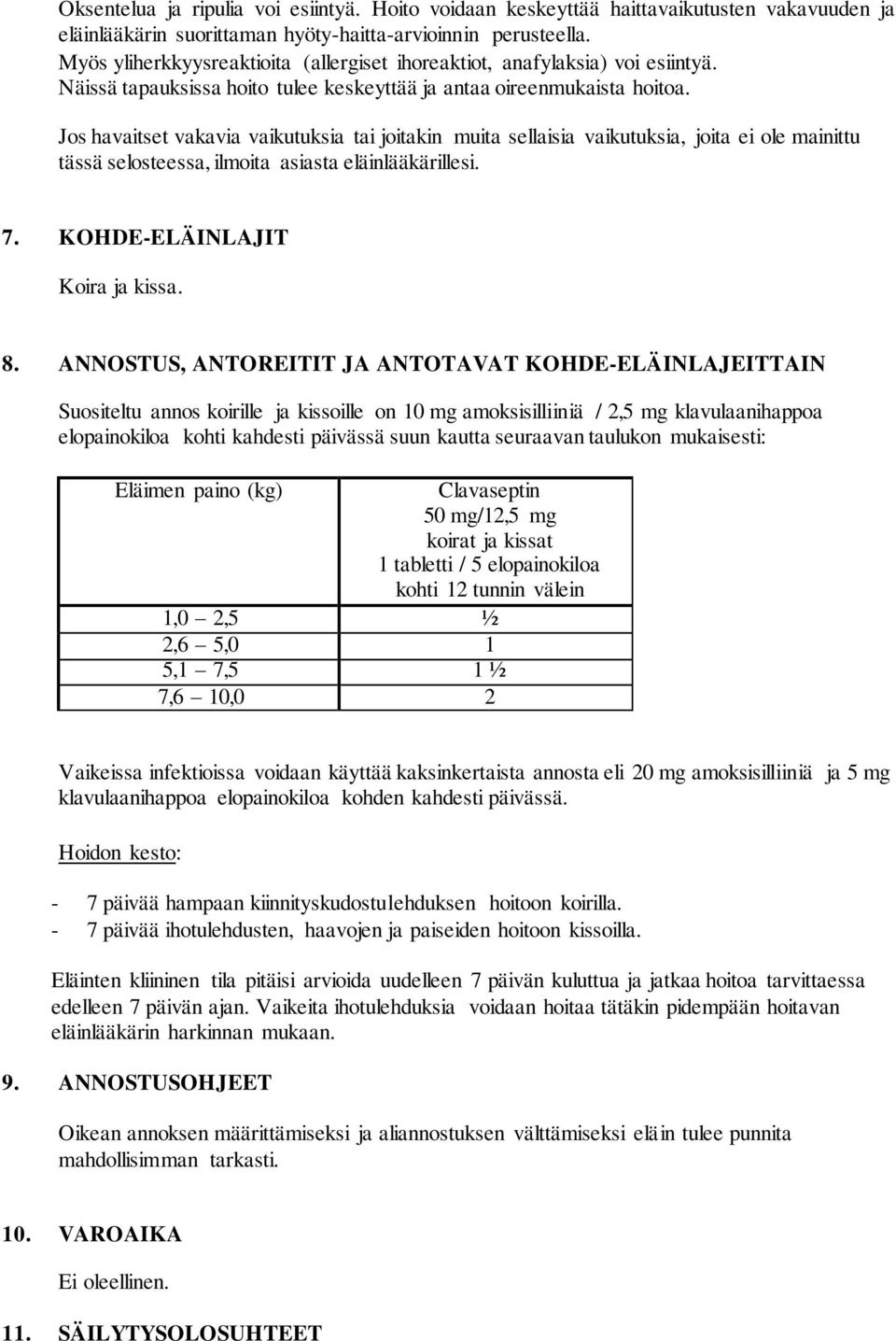 Jos havaitset vakavia vaikutuksia tai joitakin muita sellaisia vaikutuksia, joita ei ole mainittu tässä selosteessa, ilmoita asiasta eläinlääkärillesi. 7. KOHDE-ELÄINLAJIT Koira ja kissa. 8.