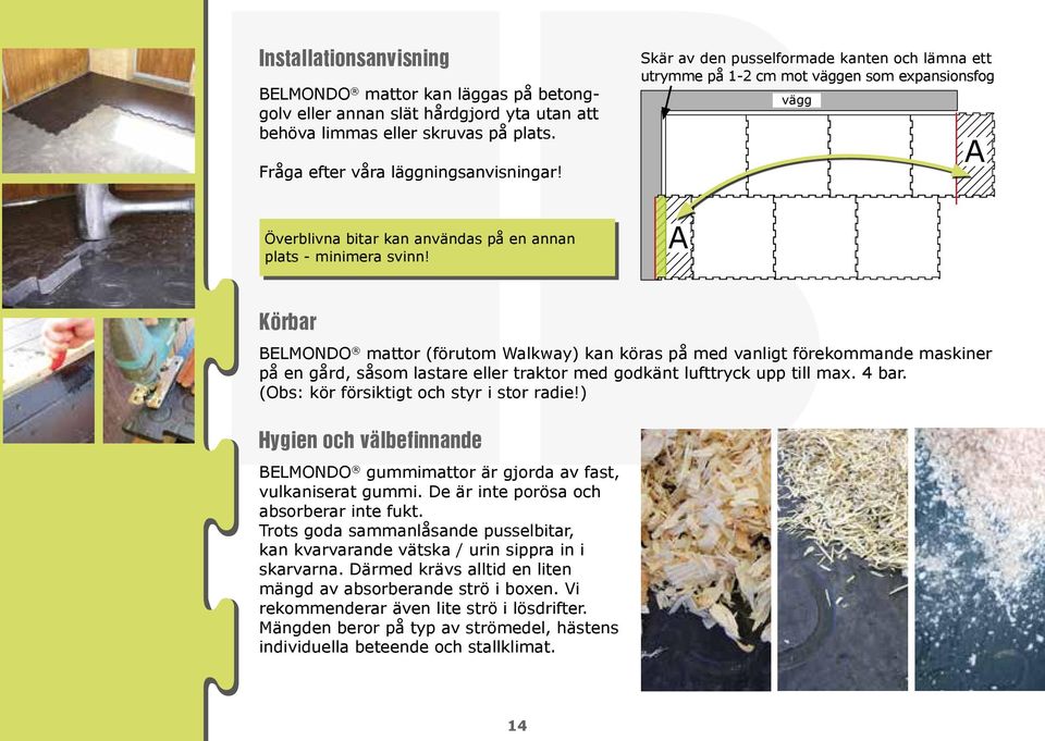 Skär av den pusselformade kanten och lämna ett utrymme på 1-2 cm mot väggen som expansionsfog A vägg A Körbar BELMONDO mattor (förutom Walkway) kan köras på med vanligt förekommande maskiner på en