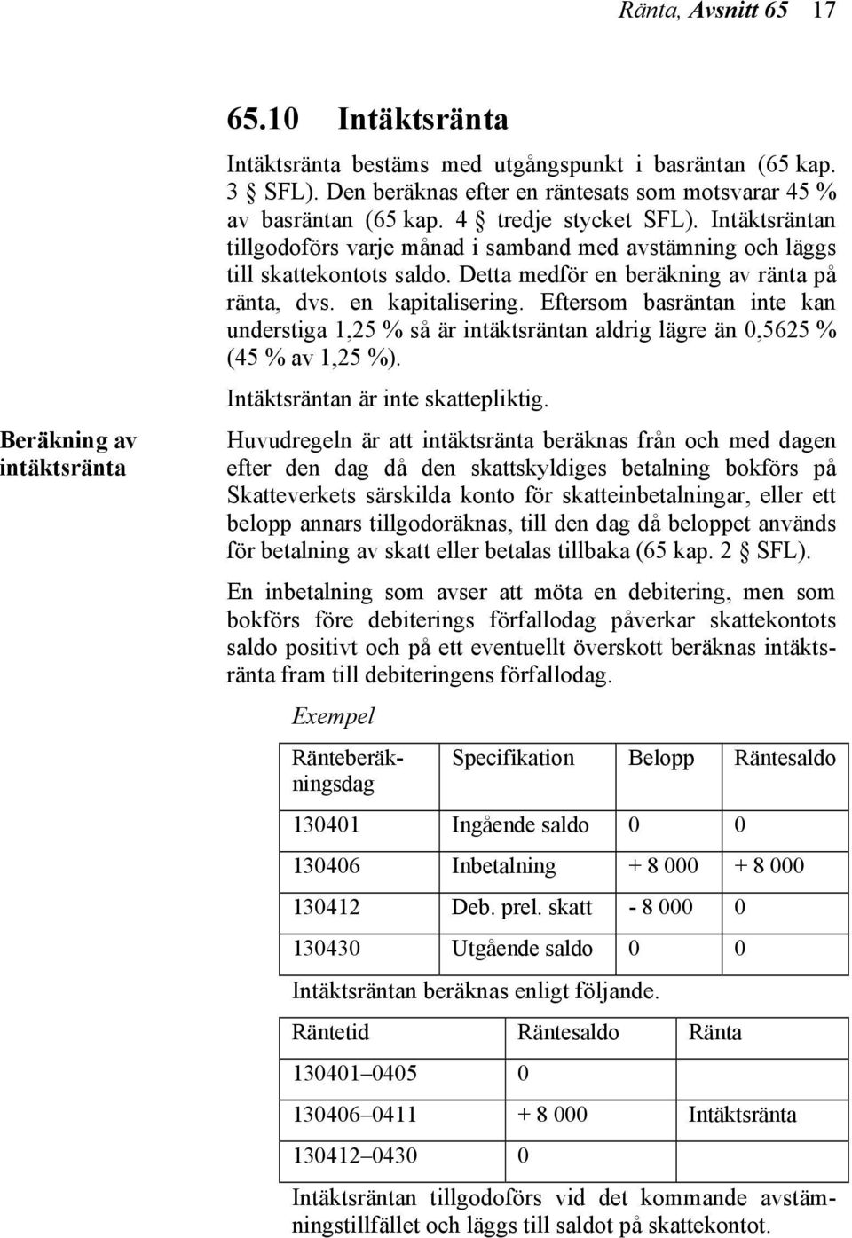 Detta medför en beräkning av ränta på ränta, dvs. en kapitalisering. Eftersom basräntan inte kan understiga 1,25 % så är intäktsräntan aldrig lägre än 0,5625 % (45 % av 1,25 %).