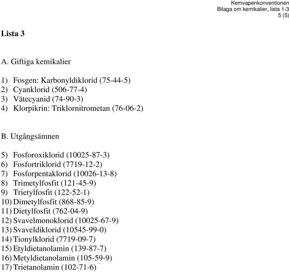 9) Trietylfosfit (122-52-1) 10) Dimetylfosfit (868-85-9) 11) Dietylfosfit (762-04-9) 12) Svavelmonoklorid (10025-67-9) 13)