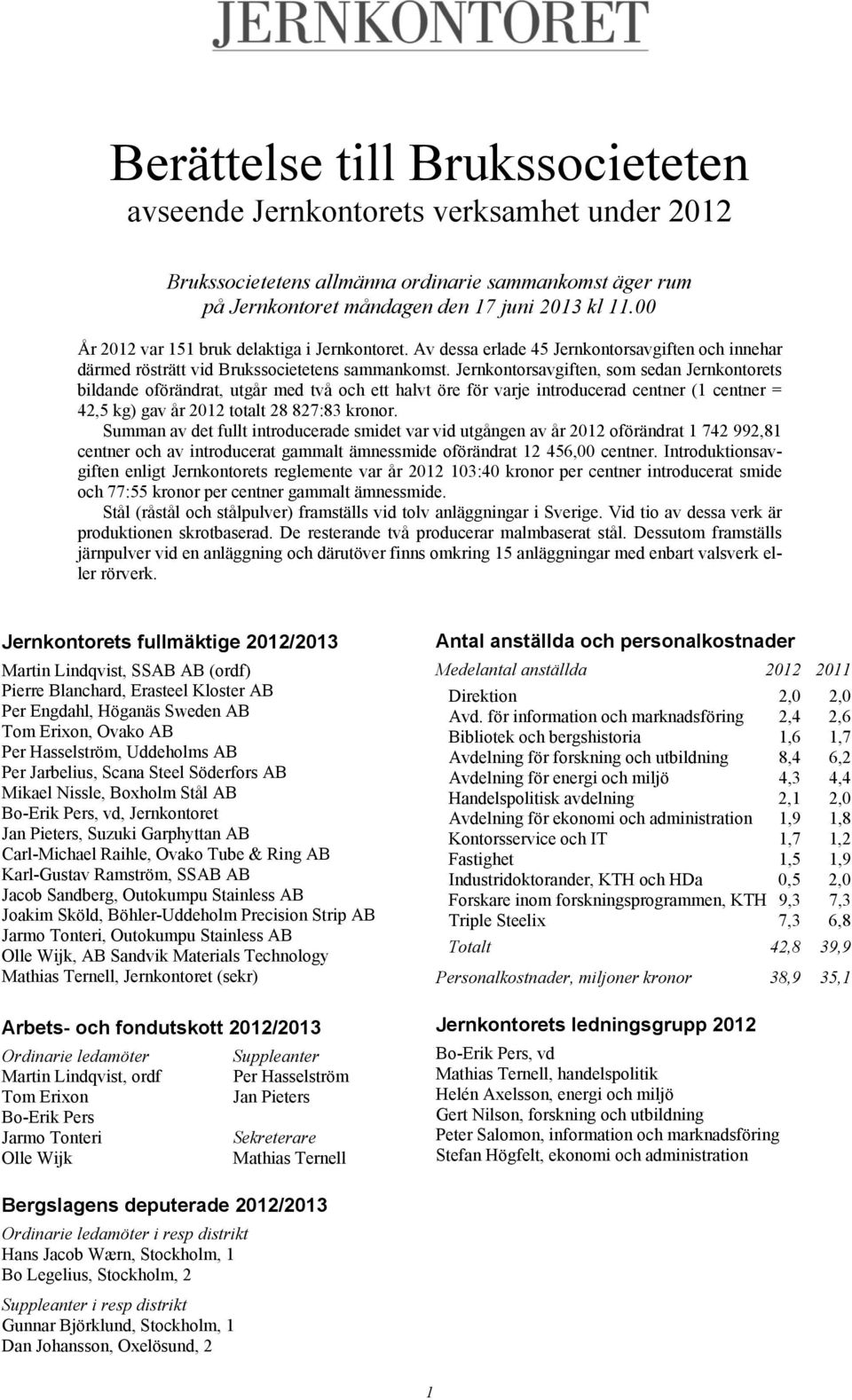 Jernkontorsavgiften, som sedan Jernkontorets bildande oförändrat, utgår med två och ett halvt öre för varje introducerad centner (1 centner = 42,5 kg) gav år 2012 totalt 28 827:83 kronor.