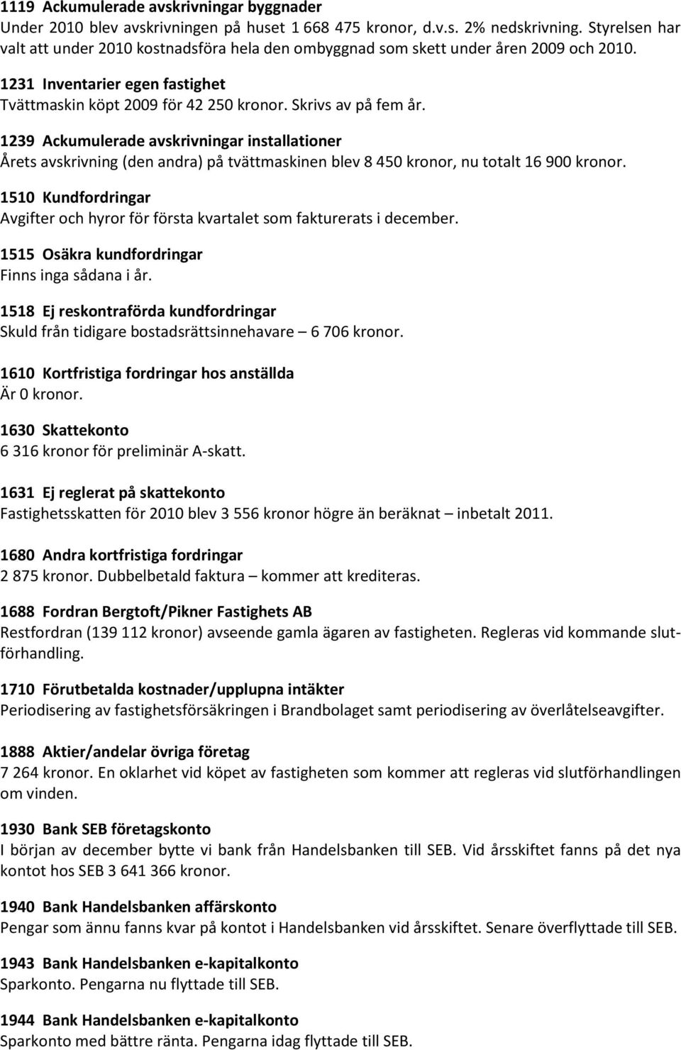 1239 Ackumulerade avskrivningar installationer Årets avskrivning (den andra) på tvättmaskinen blev 8 450 kronor, nu totalt 16 900 kronor.