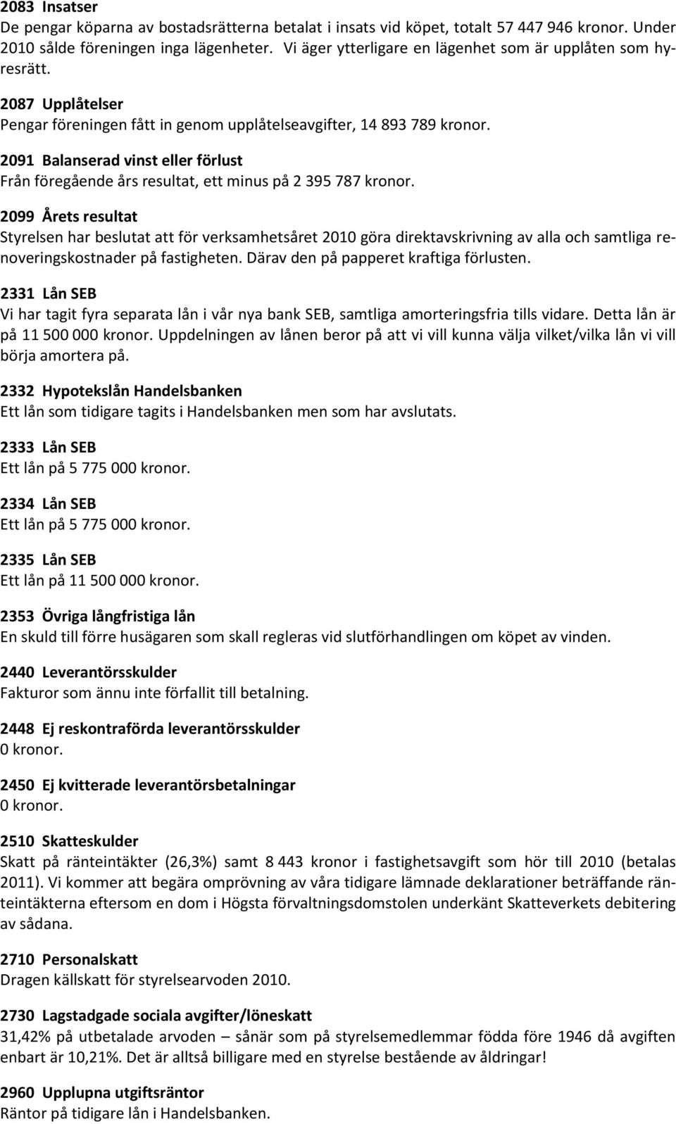 2091 Balanserad vinst eller förlust Från föregående års resultat, ett minus på 2 395 787 kronor.