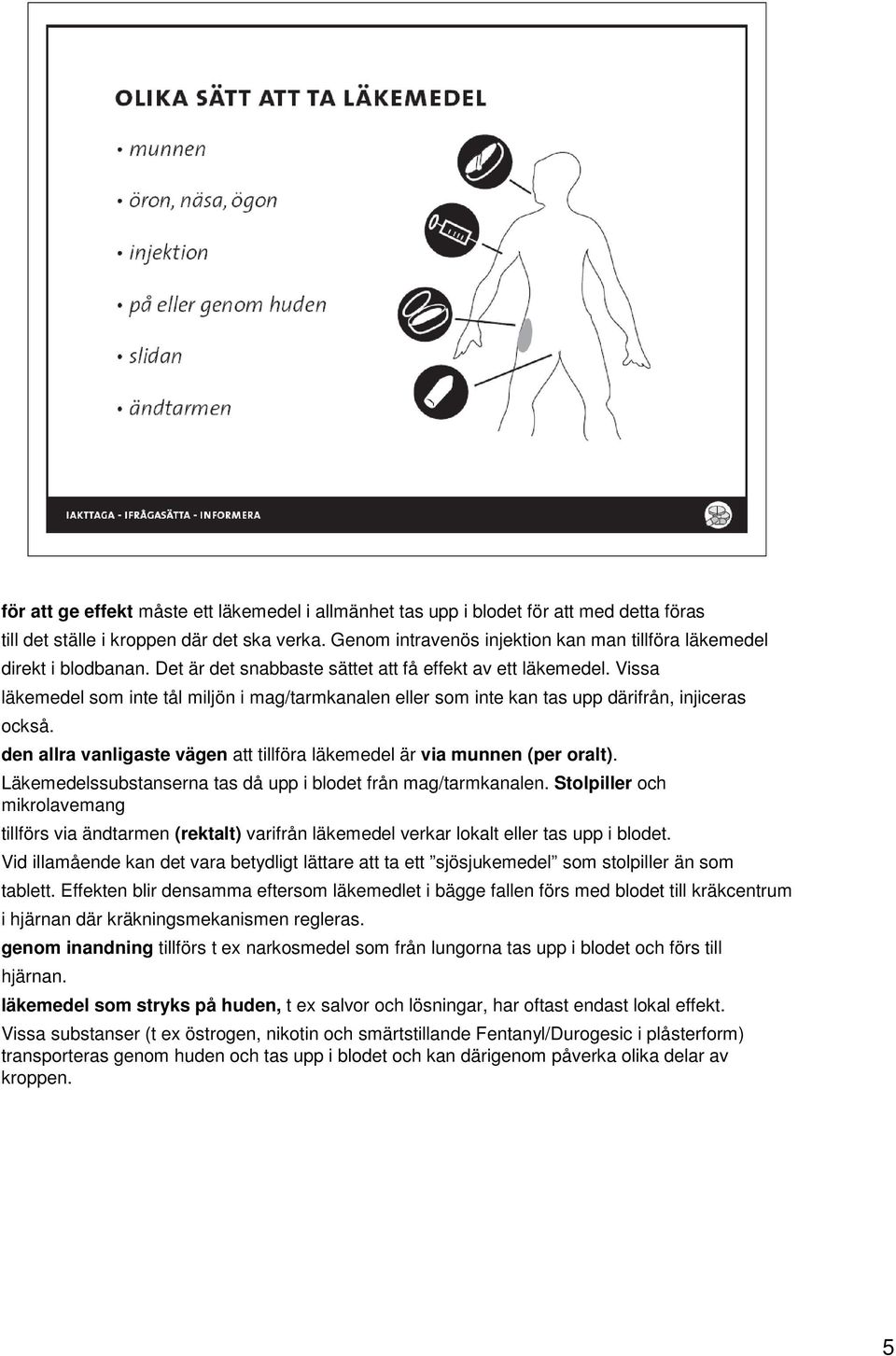 Vissa läkemedel som inte tål miljön i mag/tarmkanalen eller som inte kan tas upp därifrån, injiceras också. den allra vanligaste vägen att tillföra läkemedel är via munnen (per oralt).