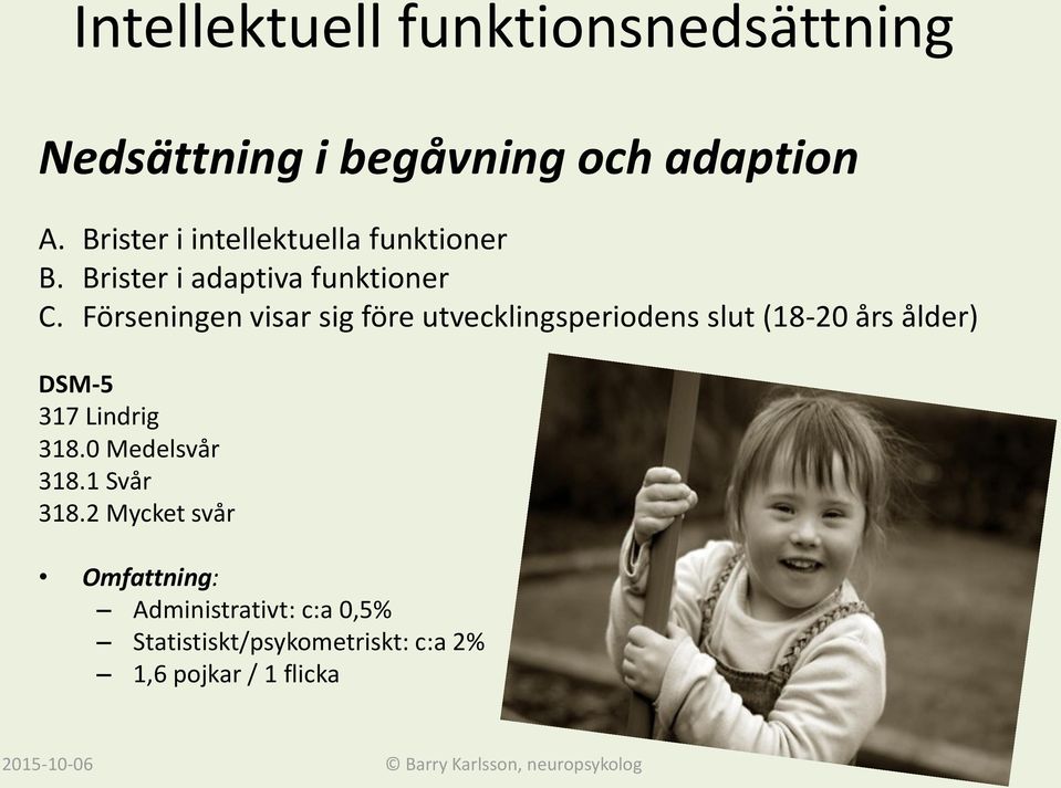 Förseningen visar sig före utvecklingsperiodens slut (18-20 års ålder) DSM-5 317 Lindrig 318.